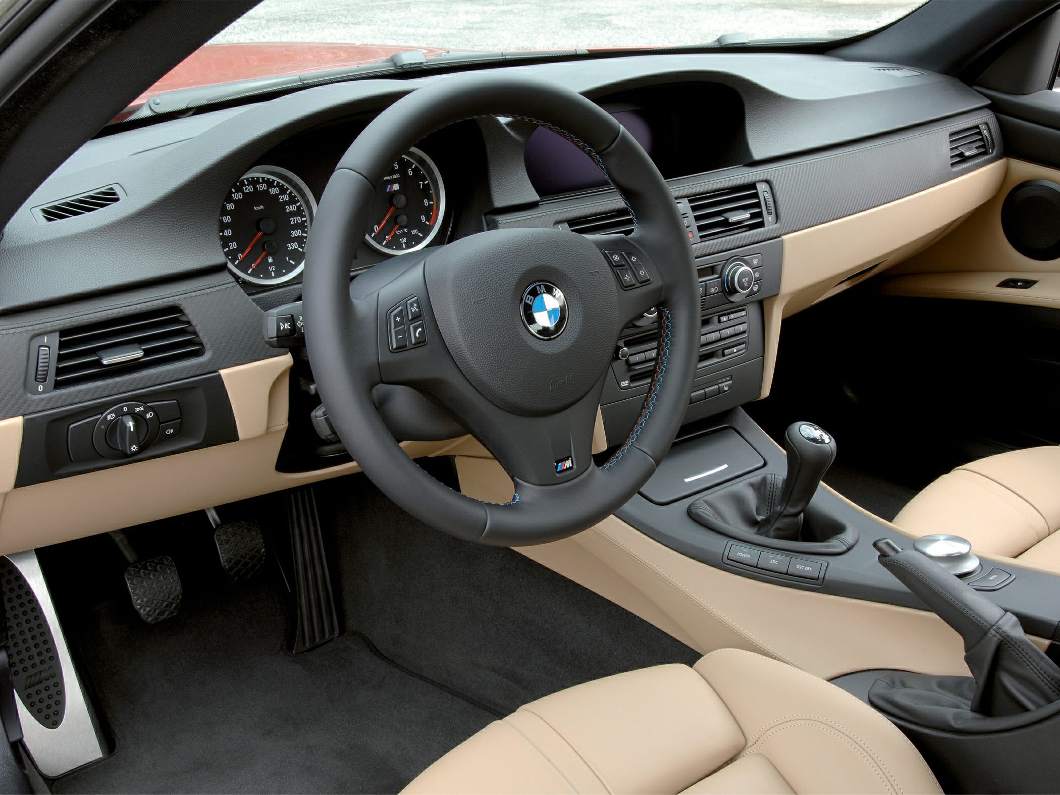 BMW M3 E92 interior with steering wheel and manual gear shift