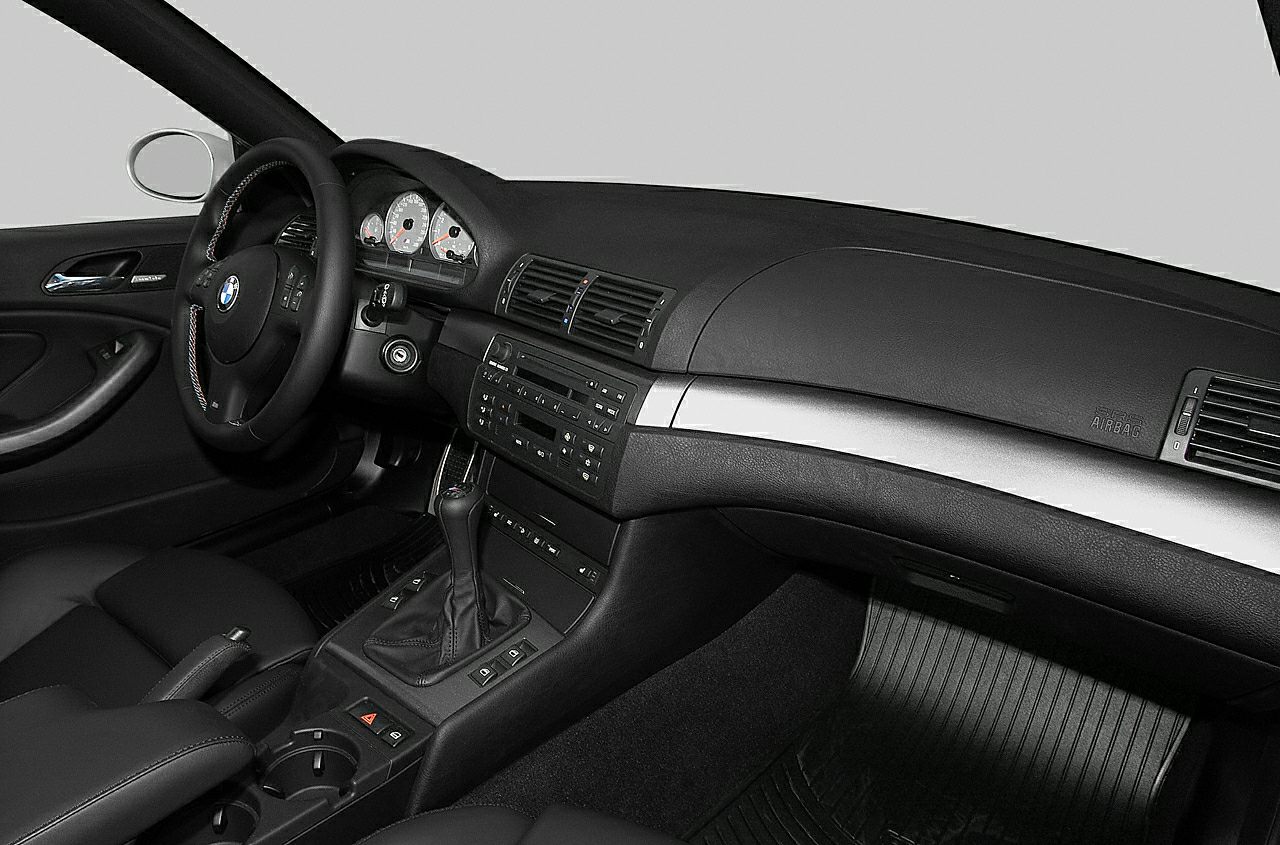 Dashboard, steering wheel, and center console of a car interior