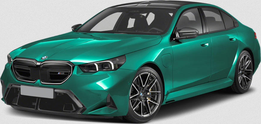 Wide kidney grille, sleek headlights, multi-spoke alloy wheels on sporty sedan