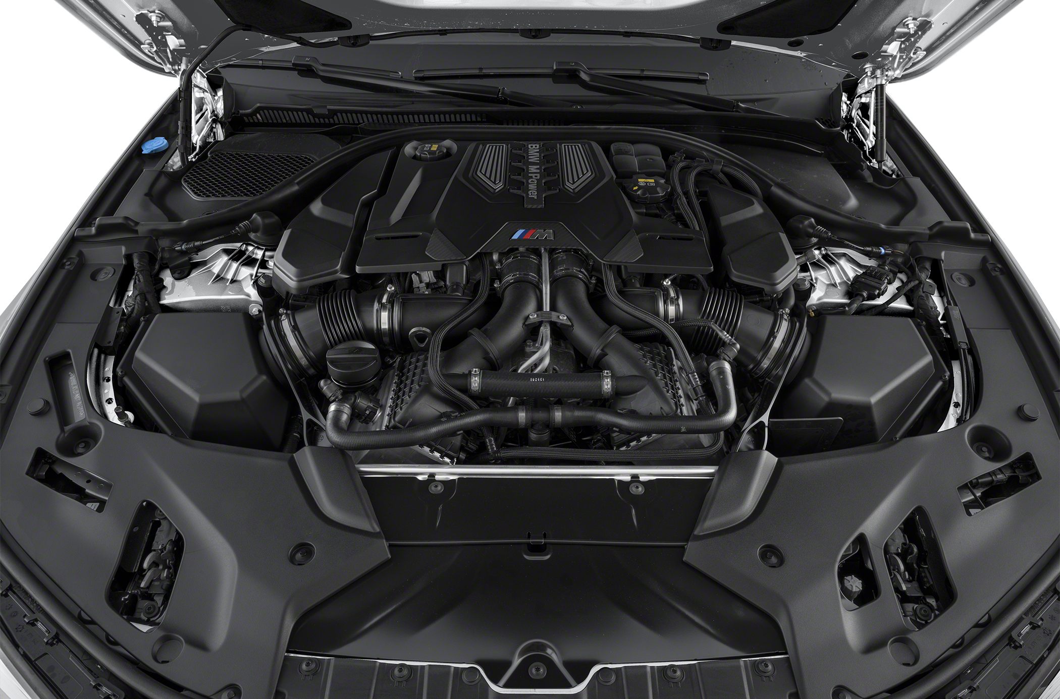 Detailed view of a high-performance V8 engine bay with BMW M Power branding
