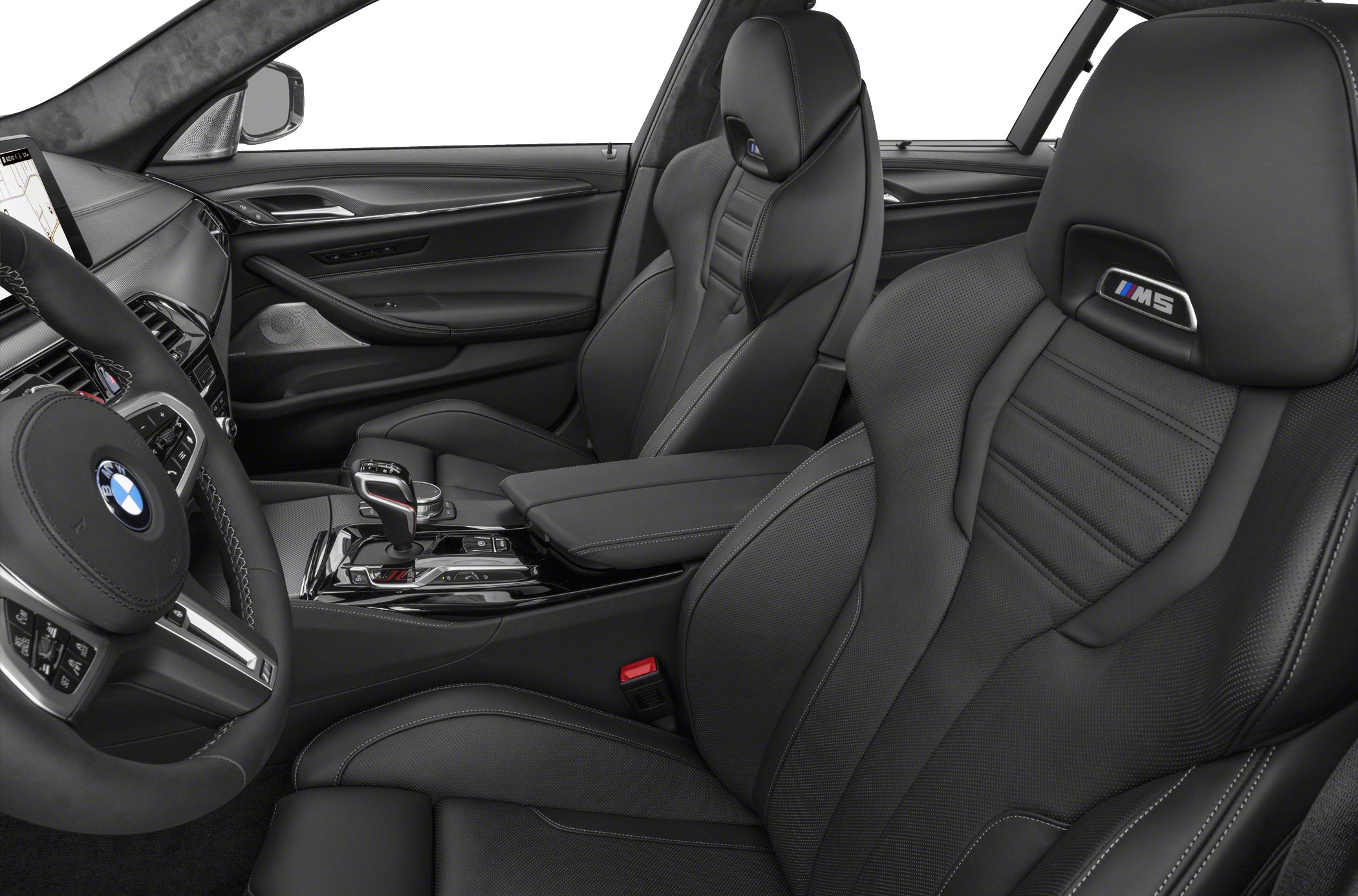 Luxury black leather sport seats with M5 logo and a modern dashboard console.