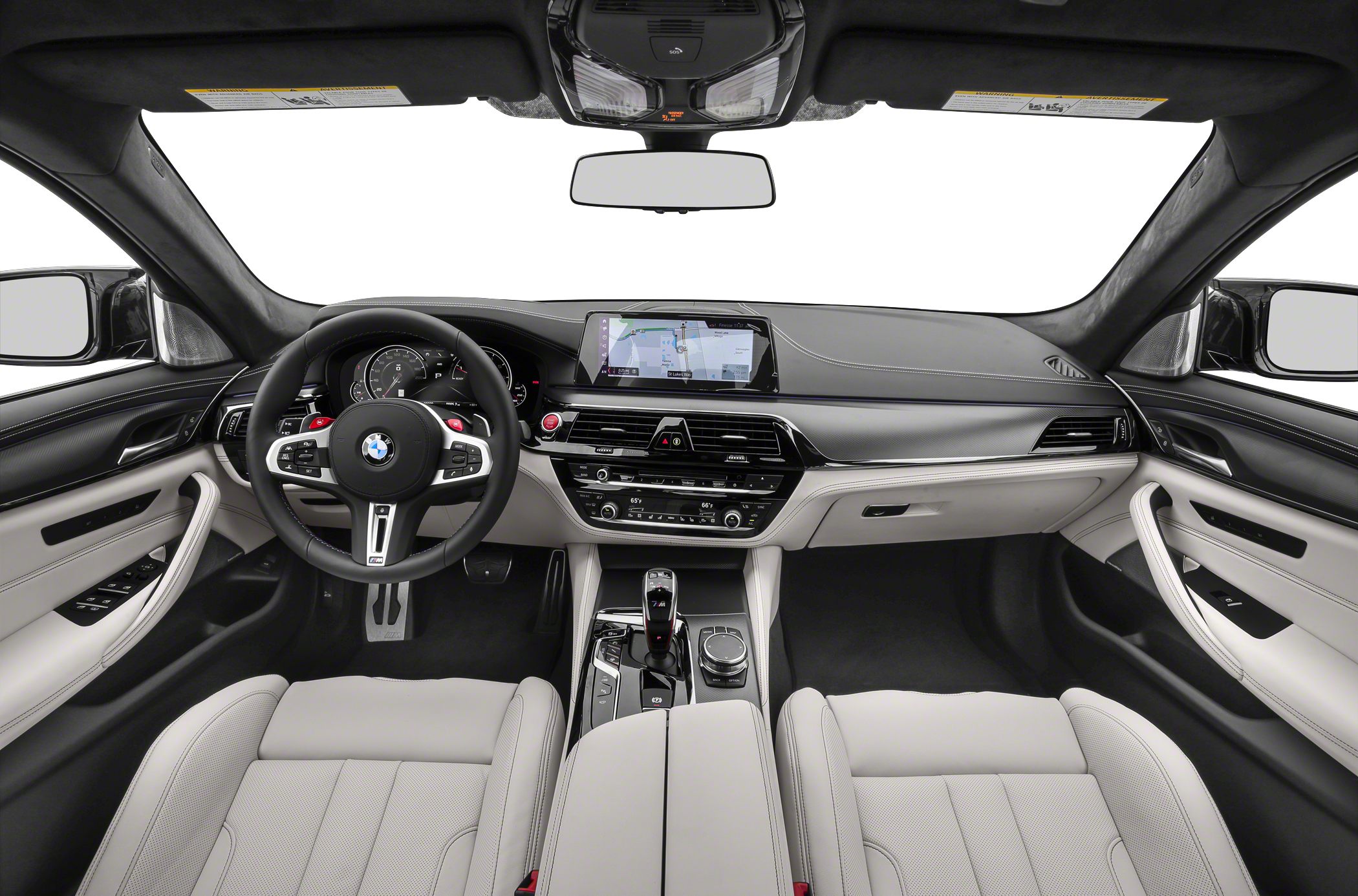 Dashboard with infotainment screen, multifunction steering wheel, and center console controls