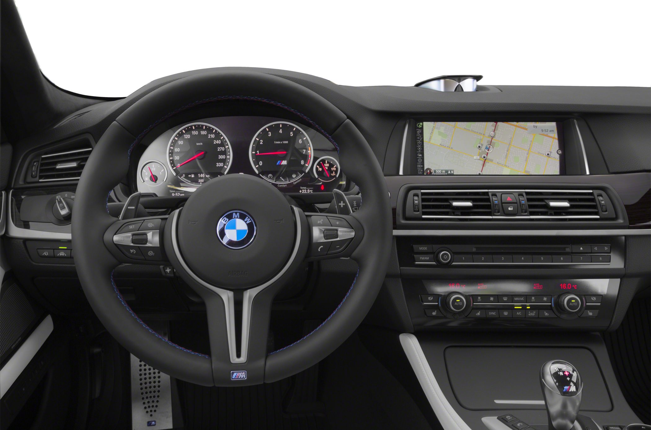 Steering wheel, digital instrument cluster, and navigation display in car interior