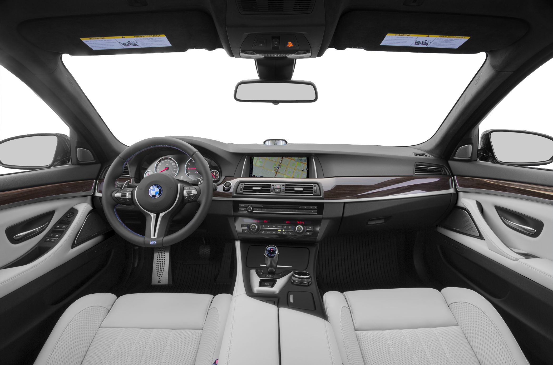 Dashboard with navigation, steering wheel, leather seats, wood trim