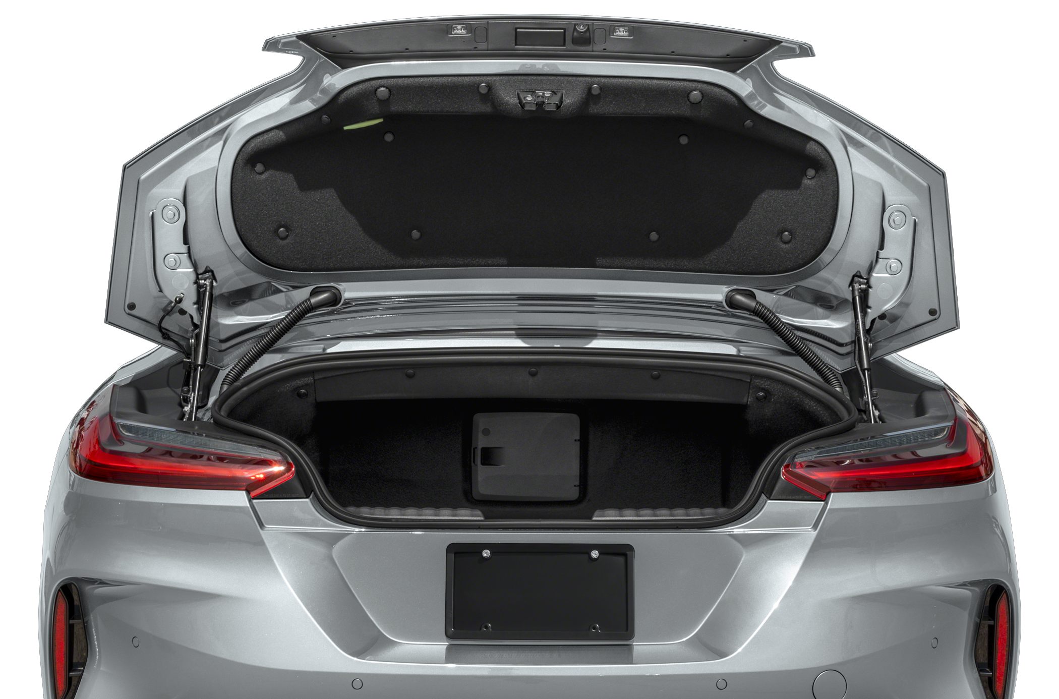 Open trunk with spacious interior and dual hinge mechanism.