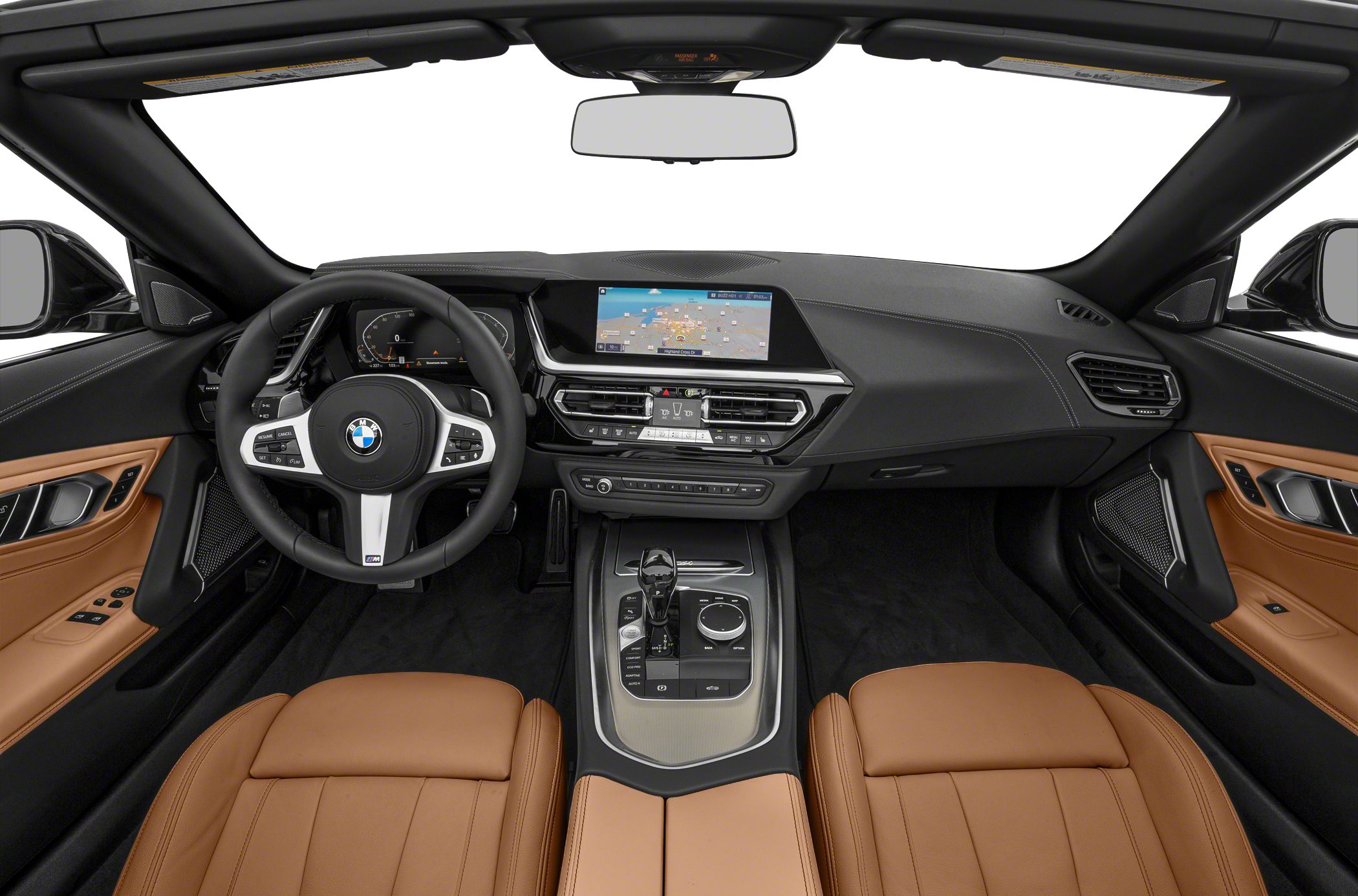 Luxury dashboard with multifunction steering wheel and infotainment screen