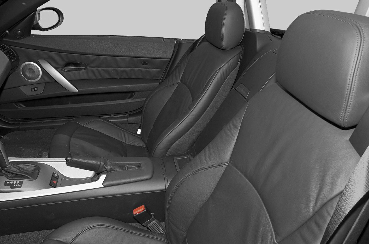 Close-up of leather seats and center console interior
