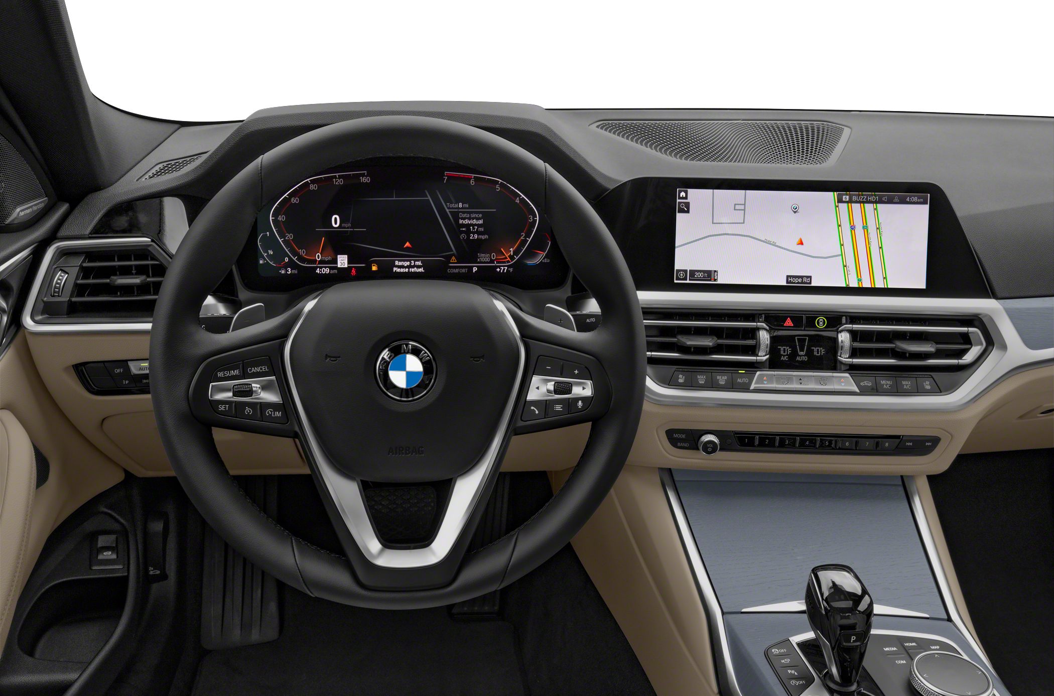 Digital instrument cluster and large infotainment display with steering wheel controls