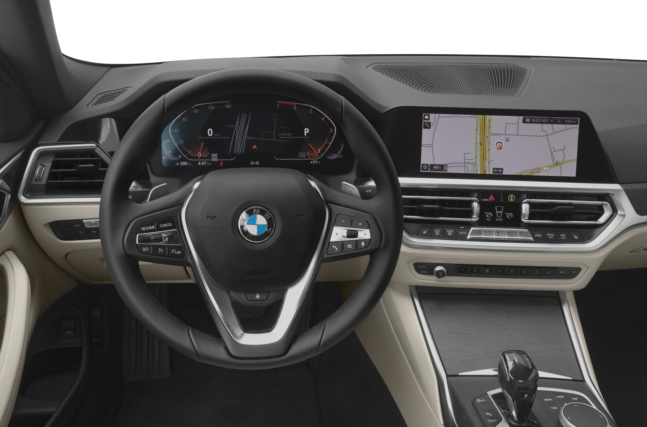 Digital dashboard, multifunction steering wheel, center console with touchscreen and gear shifter