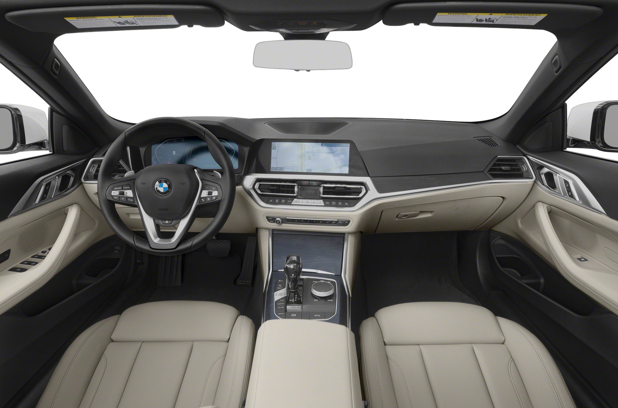 Dashboard with digital cluster, infotainment screen, steering wheel, beige seats