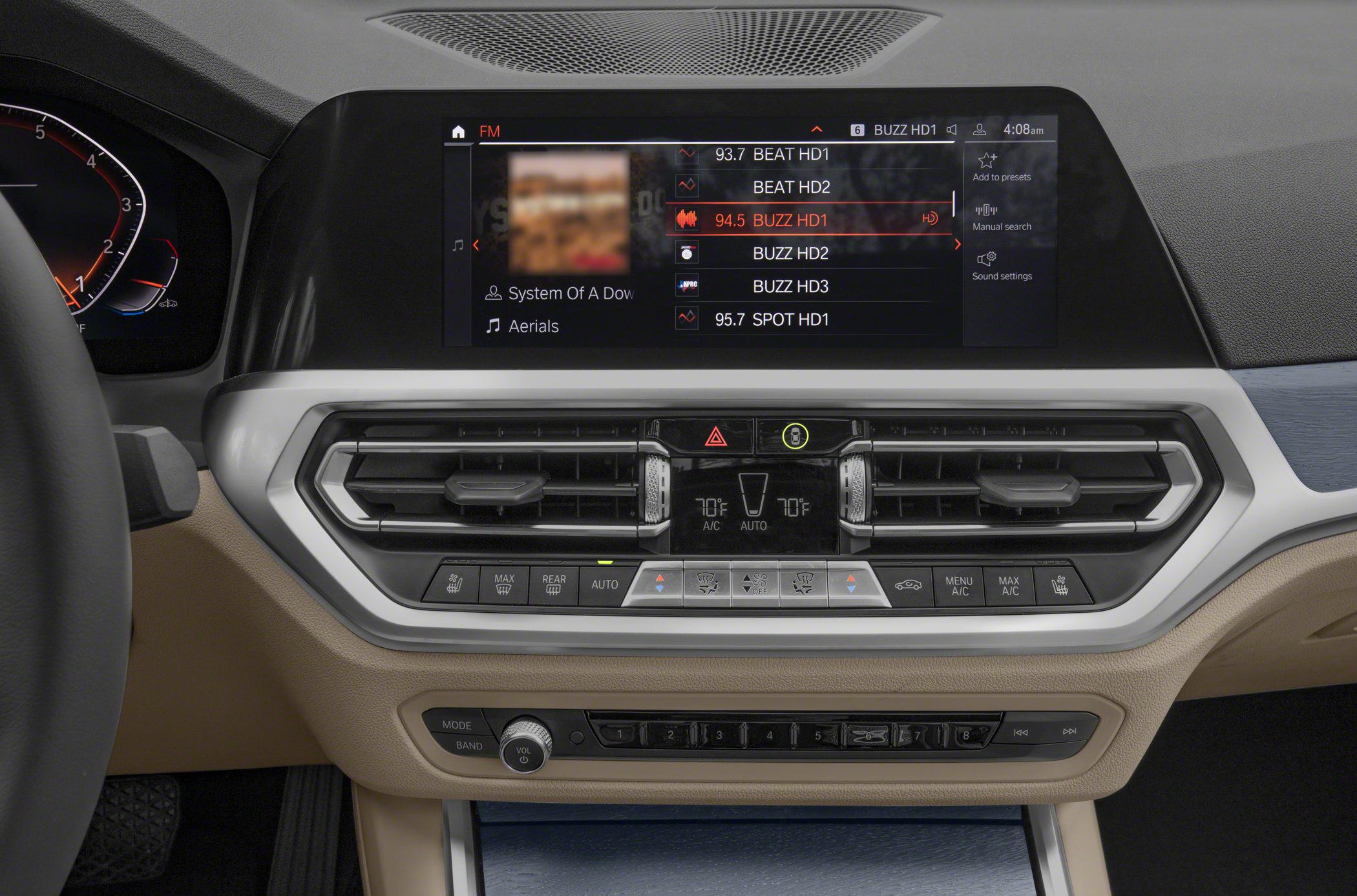 Multimedia display and climate control panel with temperature and presets