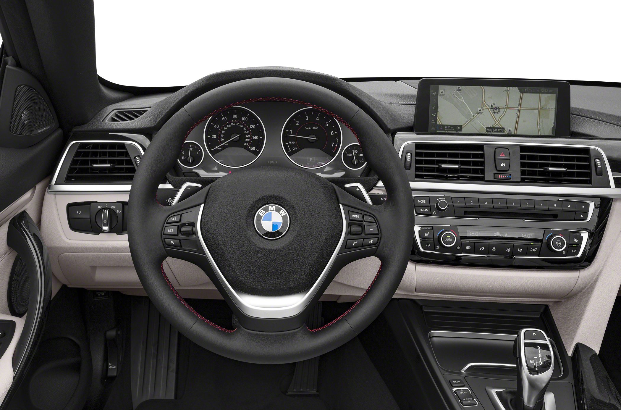 Interior dashboard with instrument cluster, steering wheel, and infotainment system