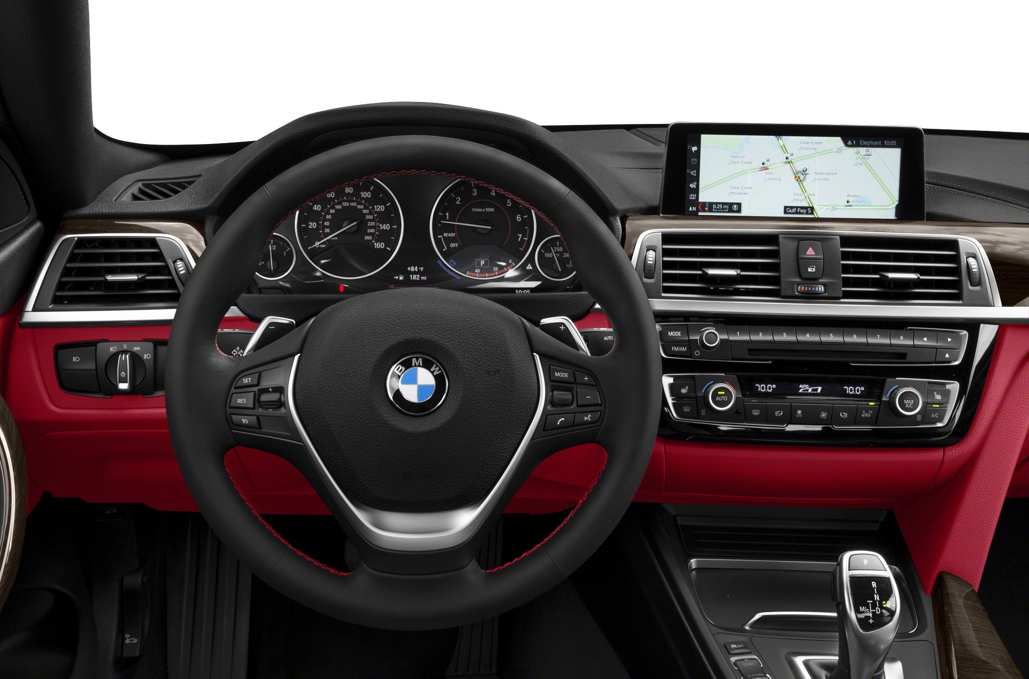 Steering wheel, digital instrument cluster, infotainment screen, climate controls