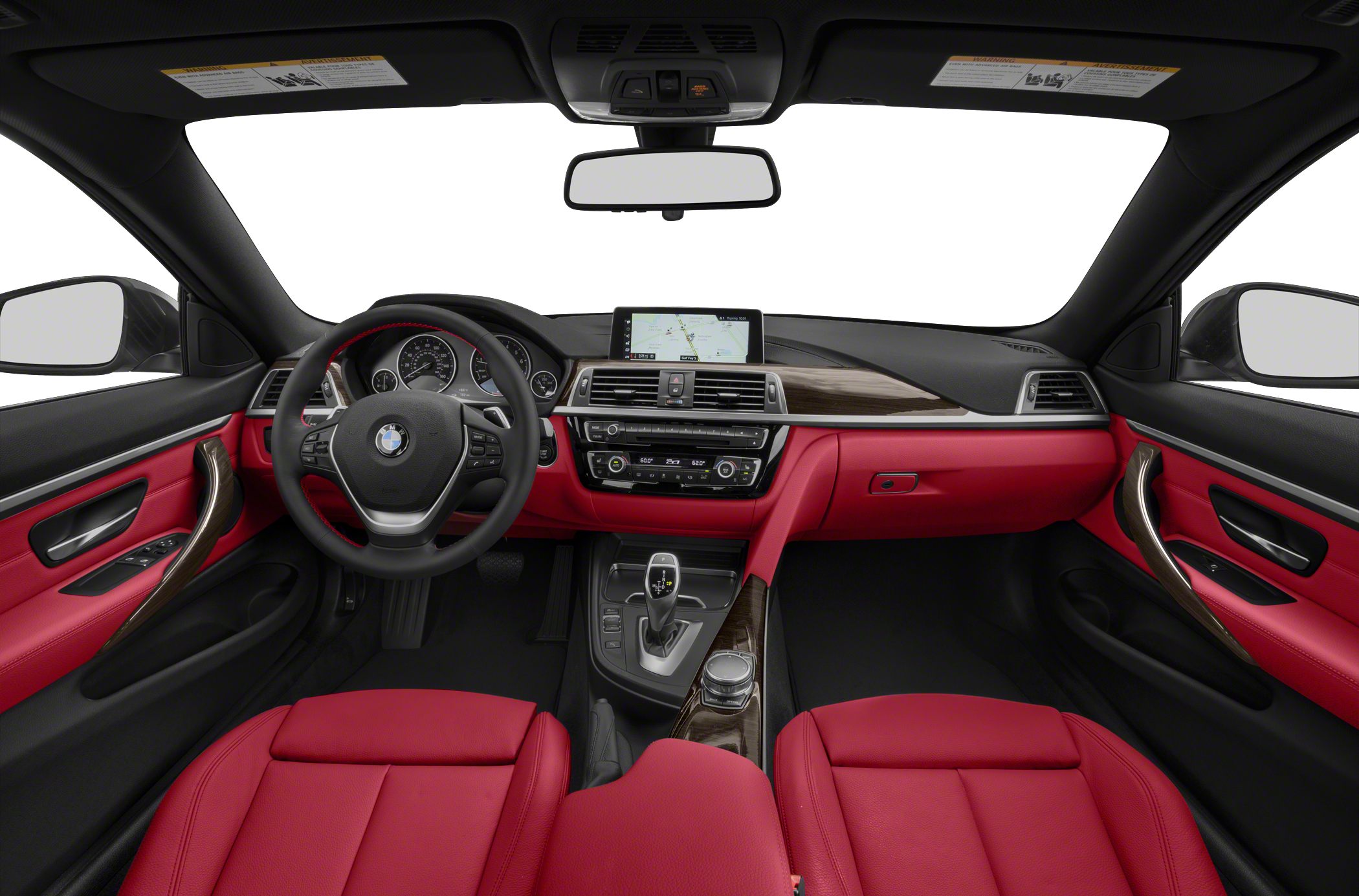 Red leather seats and wood trim dashboard with modern infotainment