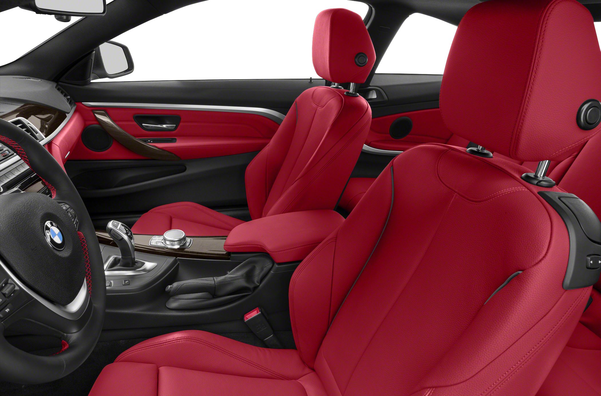 Luxury car interior with red leather sport seats and advanced gear shift