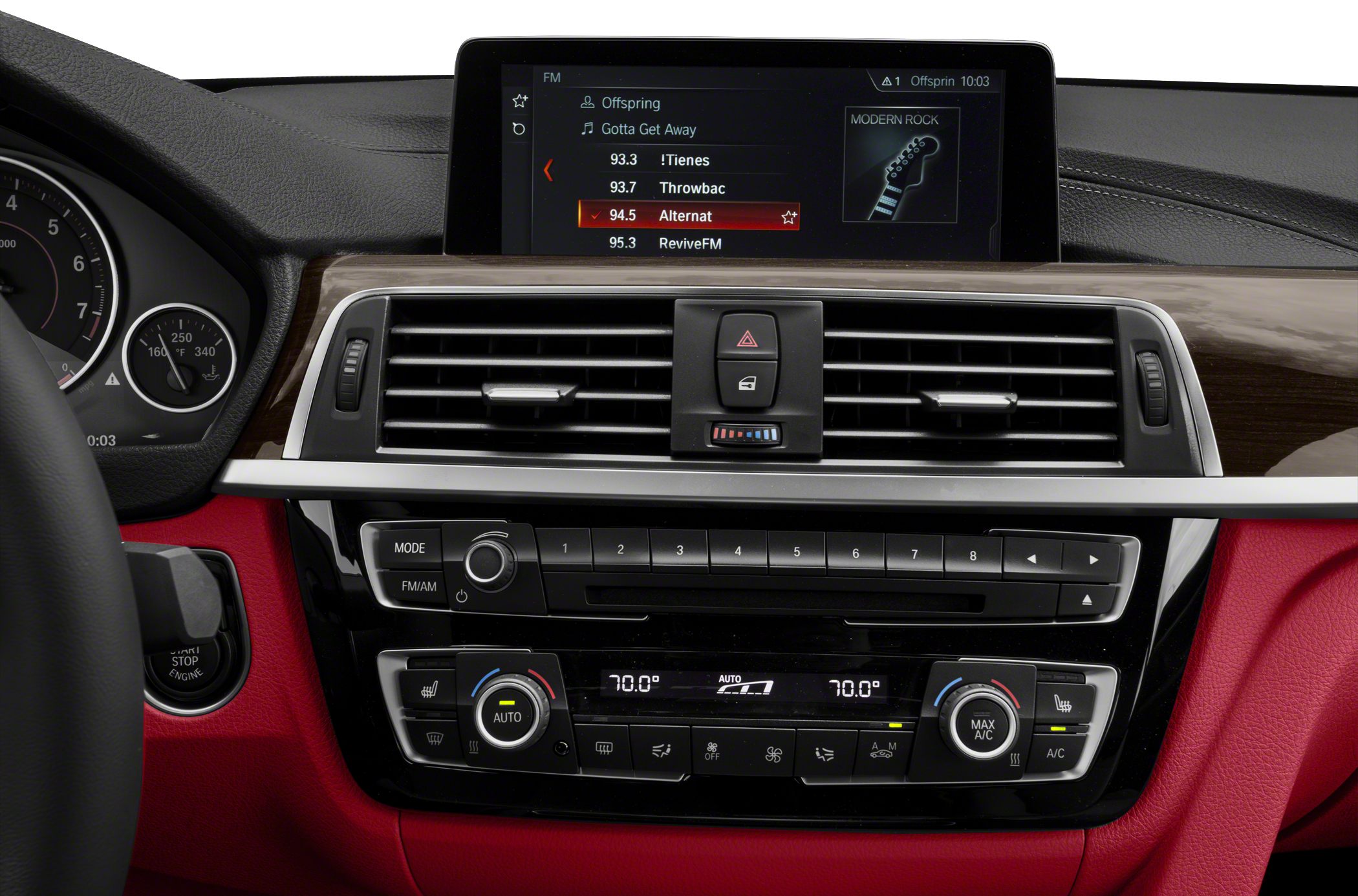Car dashboard with infotainment screen and digital climate control