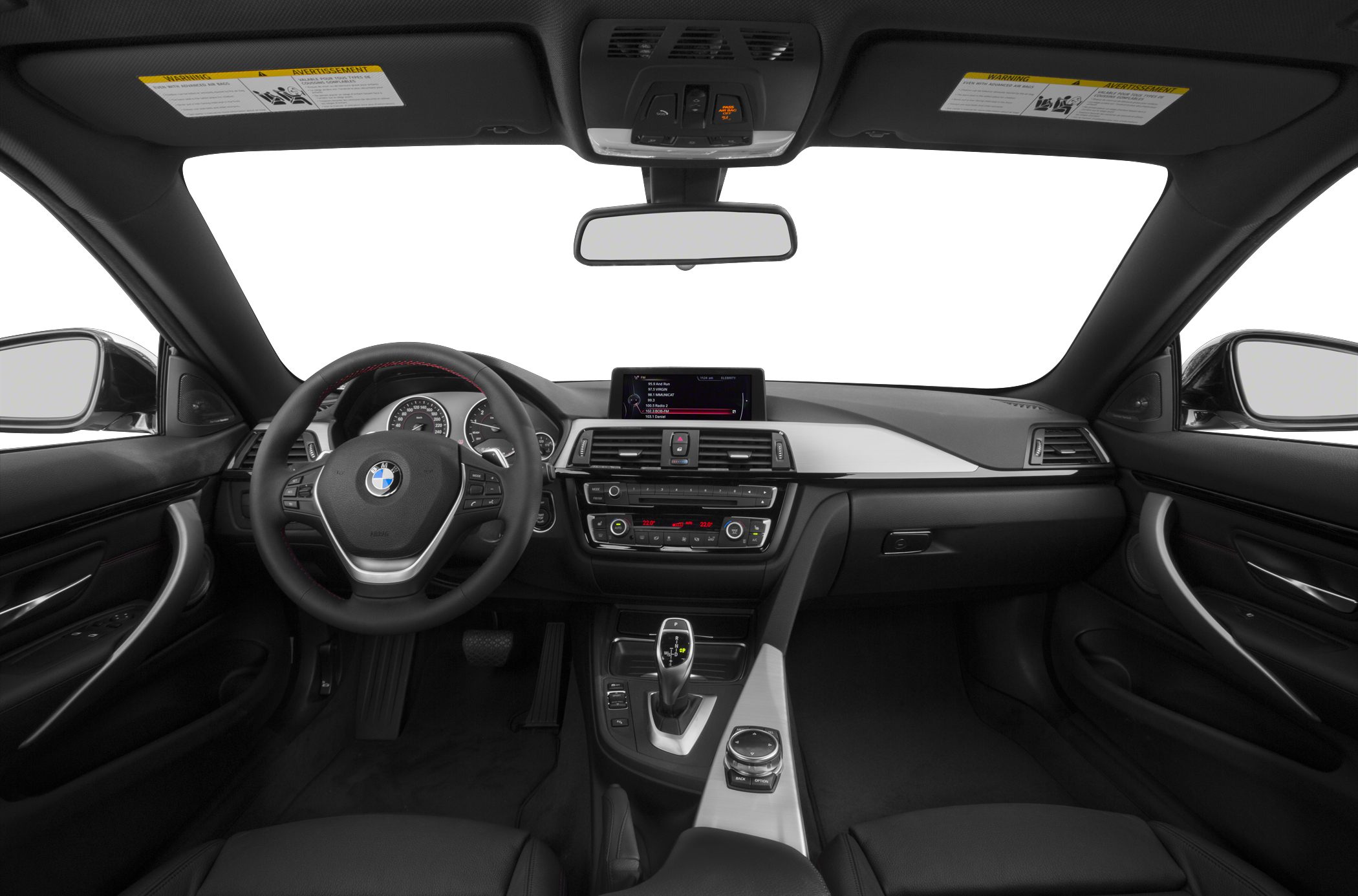 Interior dashboard and steering wheel with infotainment of a luxury coupe