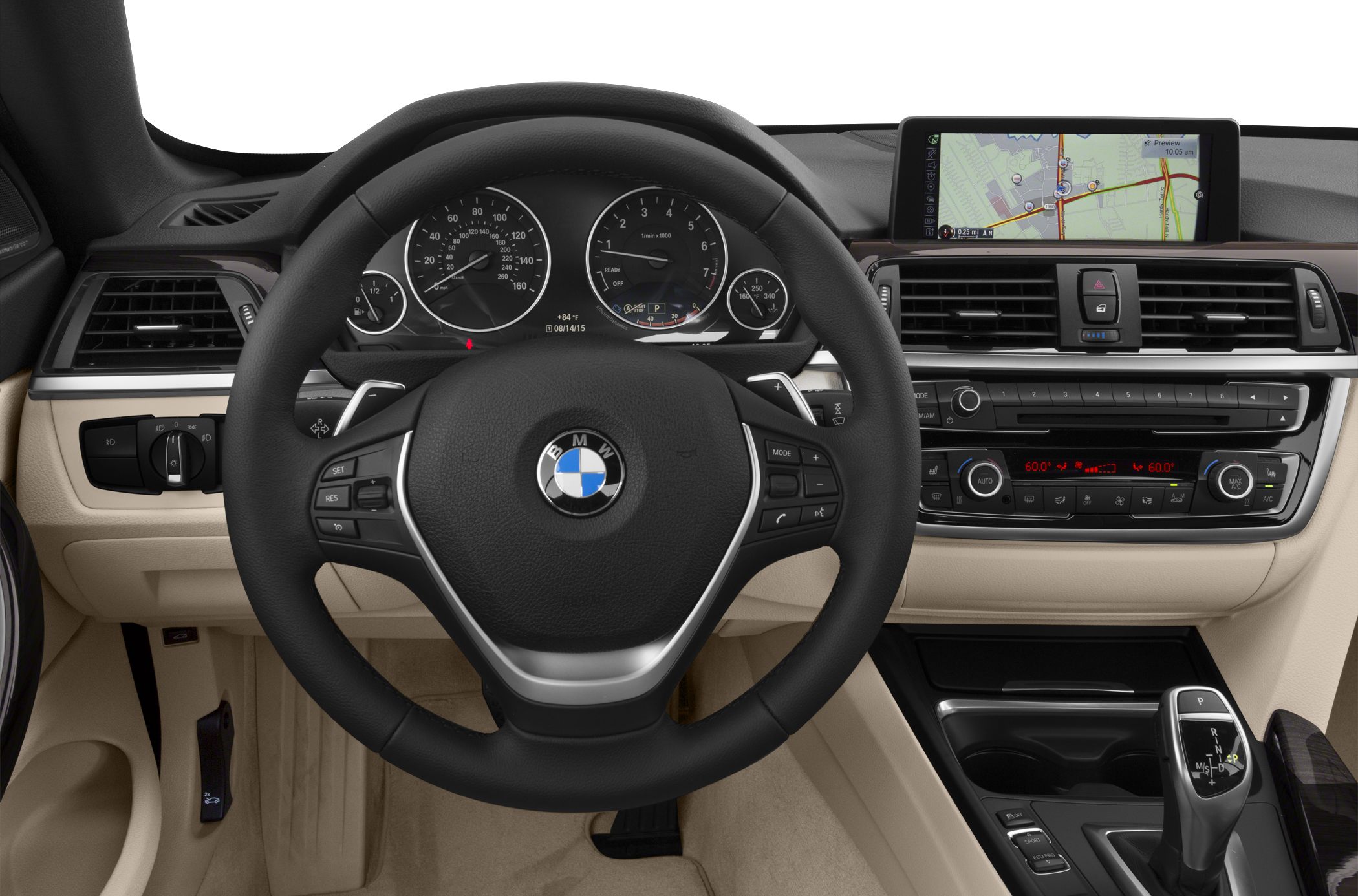 BMW dashboard, steering wheel, infotainment screen, gear shifter