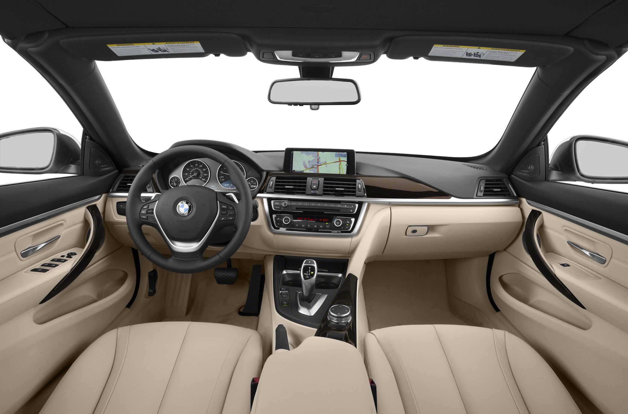 Beige leather interior with navigation display and modern steering wheel