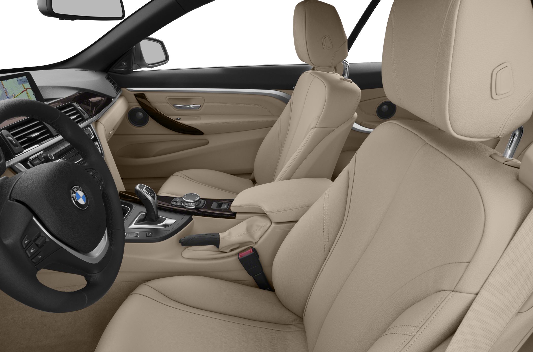 Beige leather seats and interior controls in convertible car