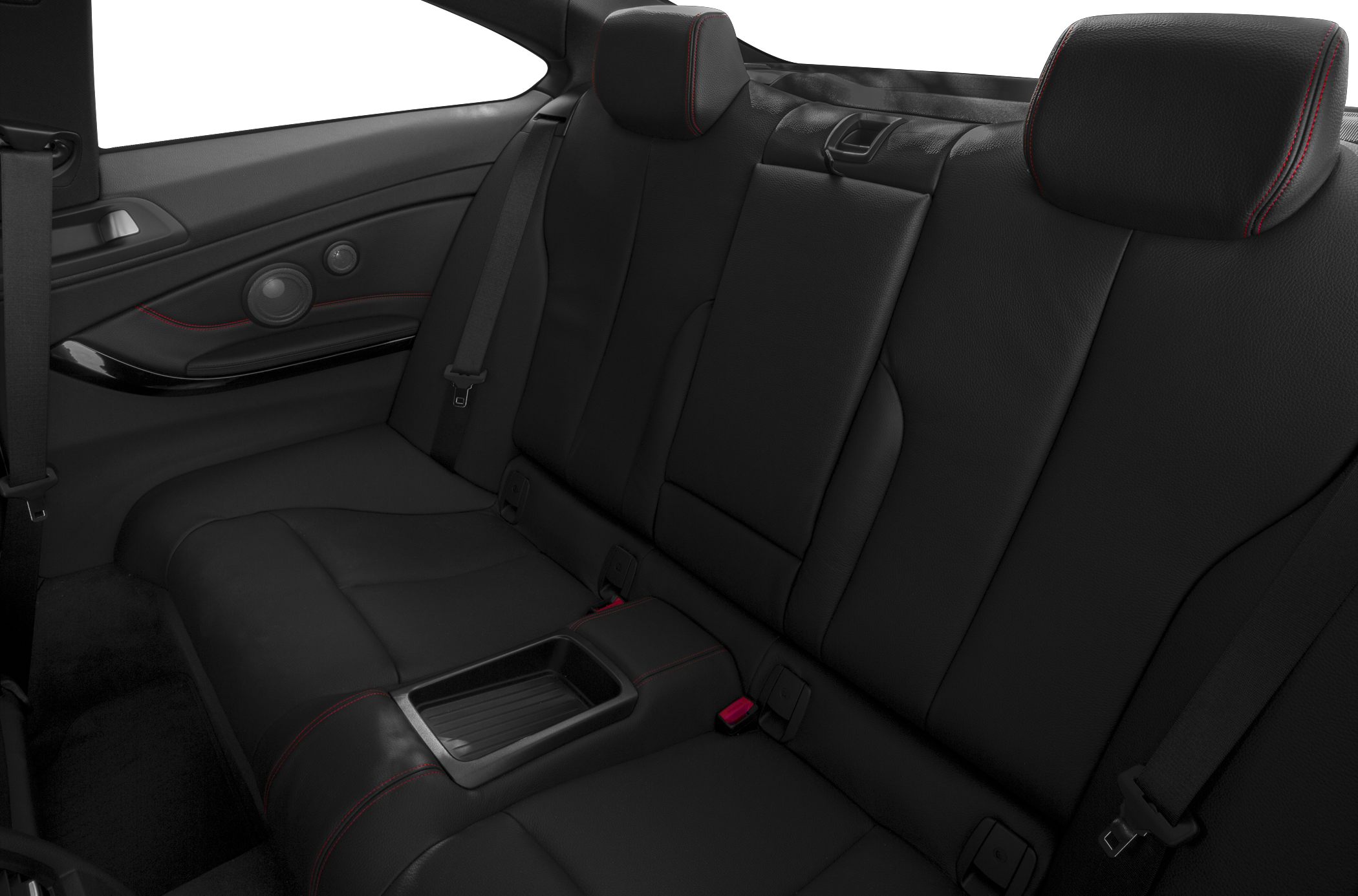 Black leather rear seats with red stitching and center armrest