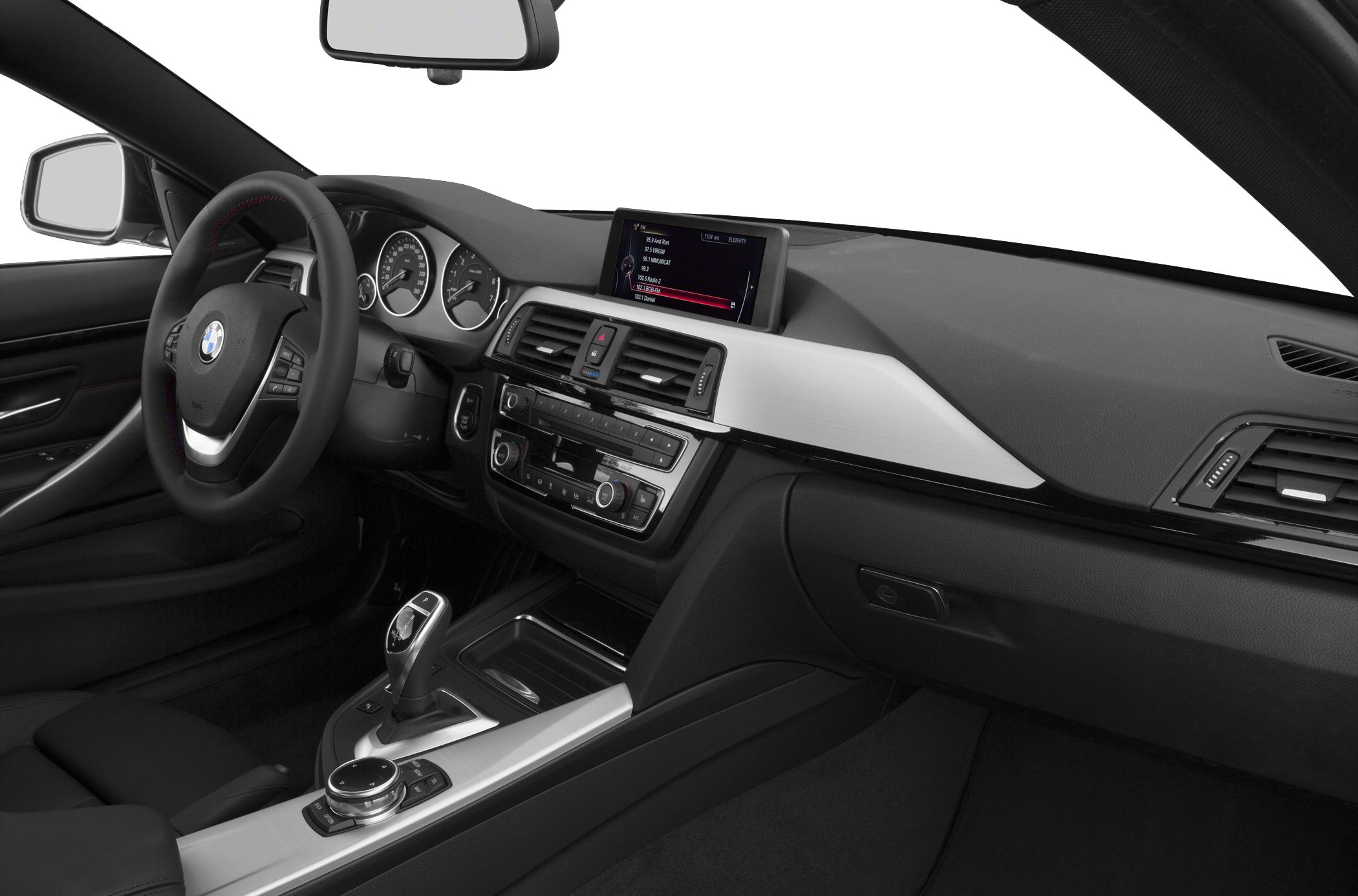 Modern dashboard and control panel with infotainment display and gear shifter