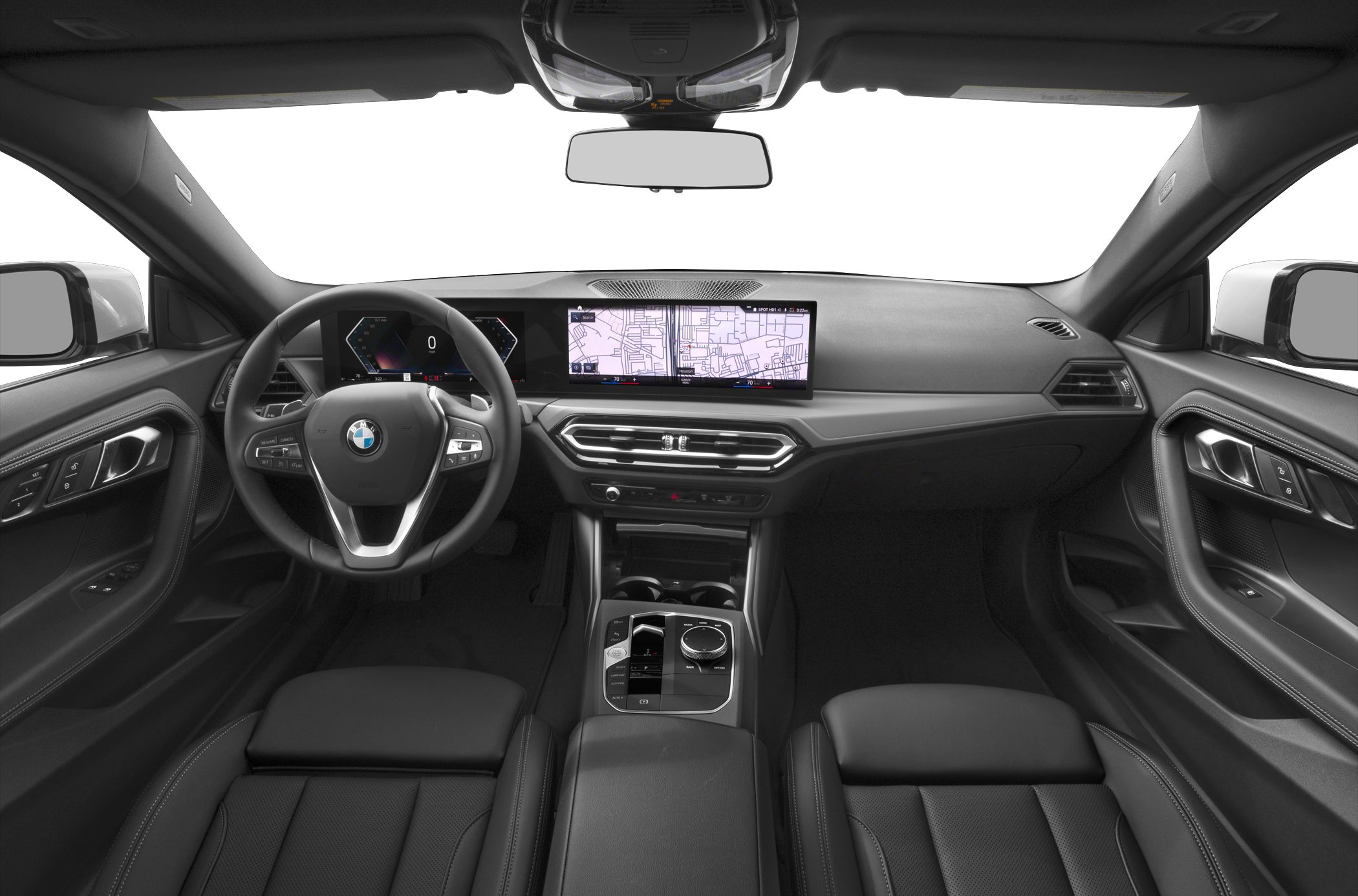 Dual digital displays and steering wheel controls in a sleek modern car interior