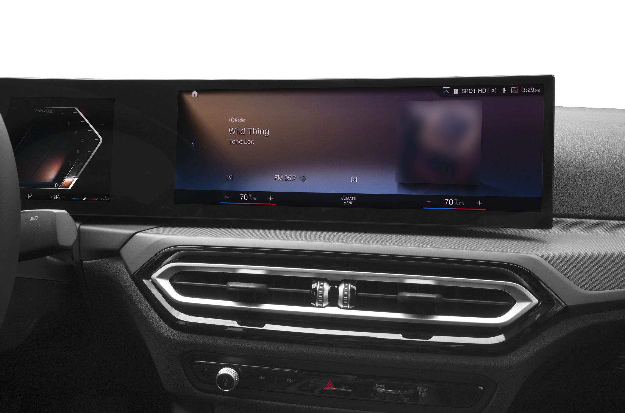 Digital instrument cluster with large infotainment screen and sleek dual air vents
