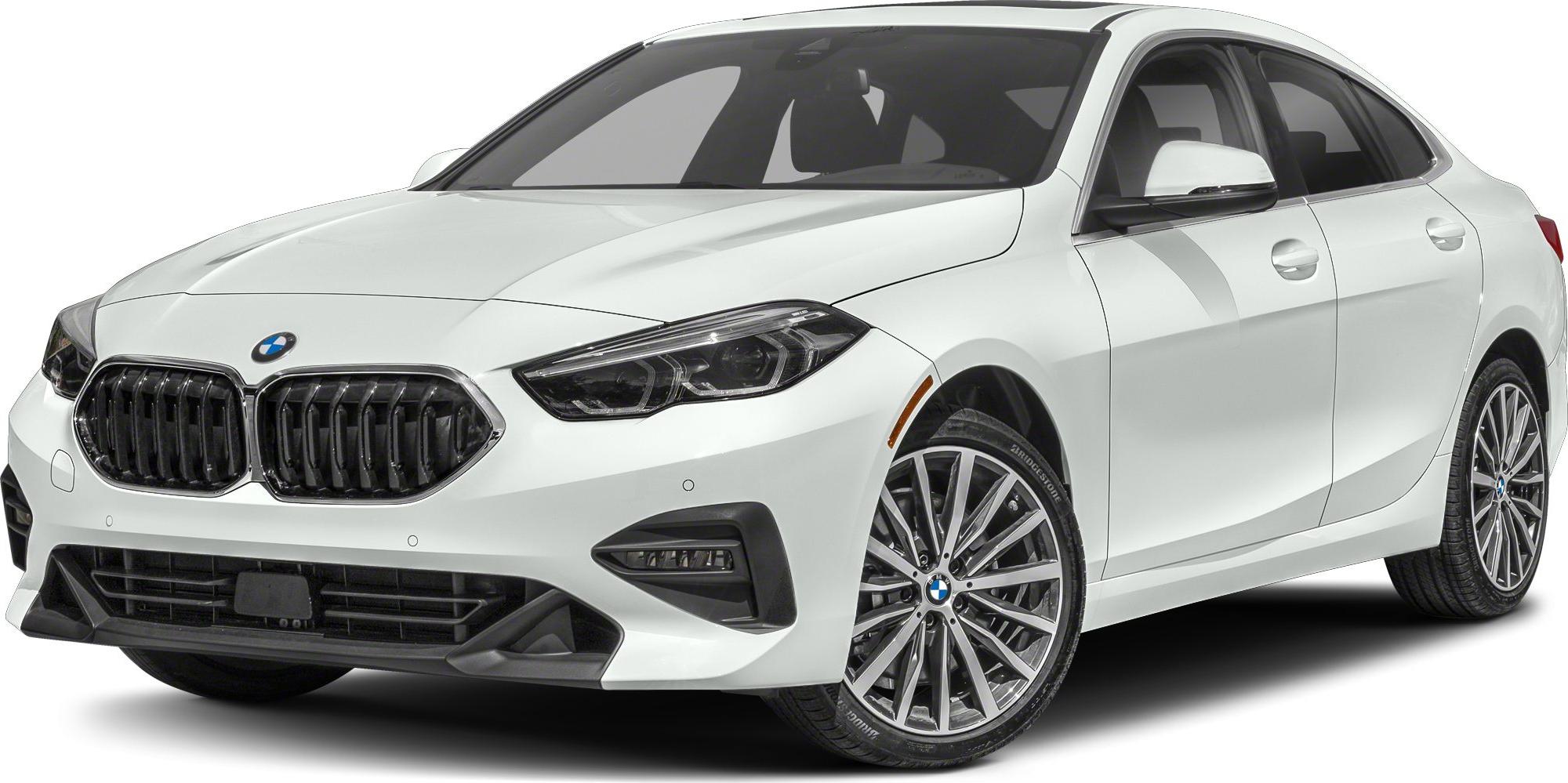 Front-side view of white 2 Series Gran Coupe with kidney grille and alloy wheels