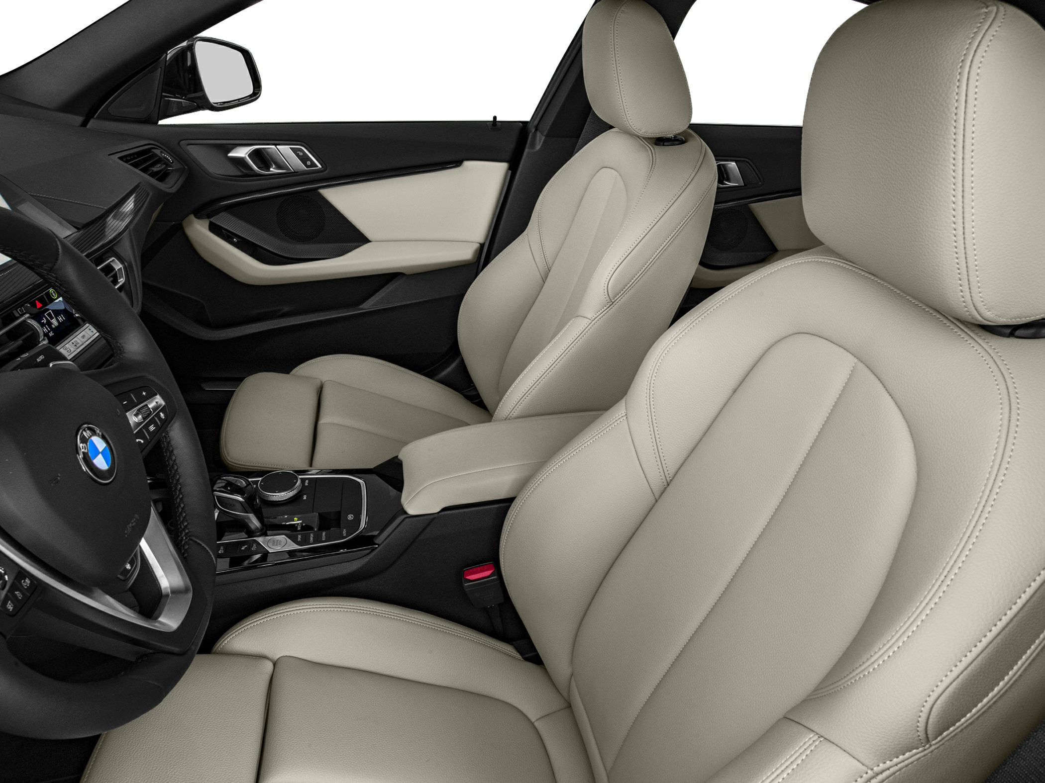 Beige leather front seats with modern dashboard and center console.