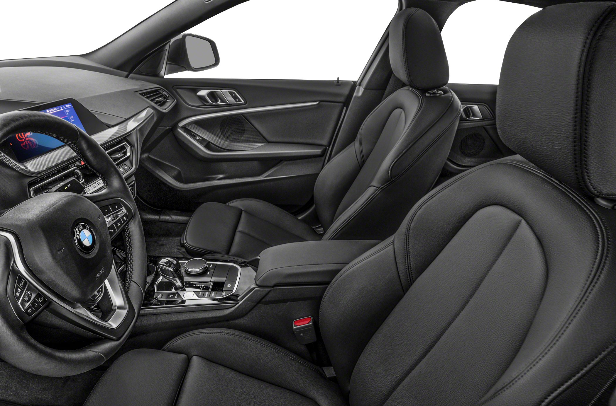 Black leather seats and modern dashboard with infotainment display