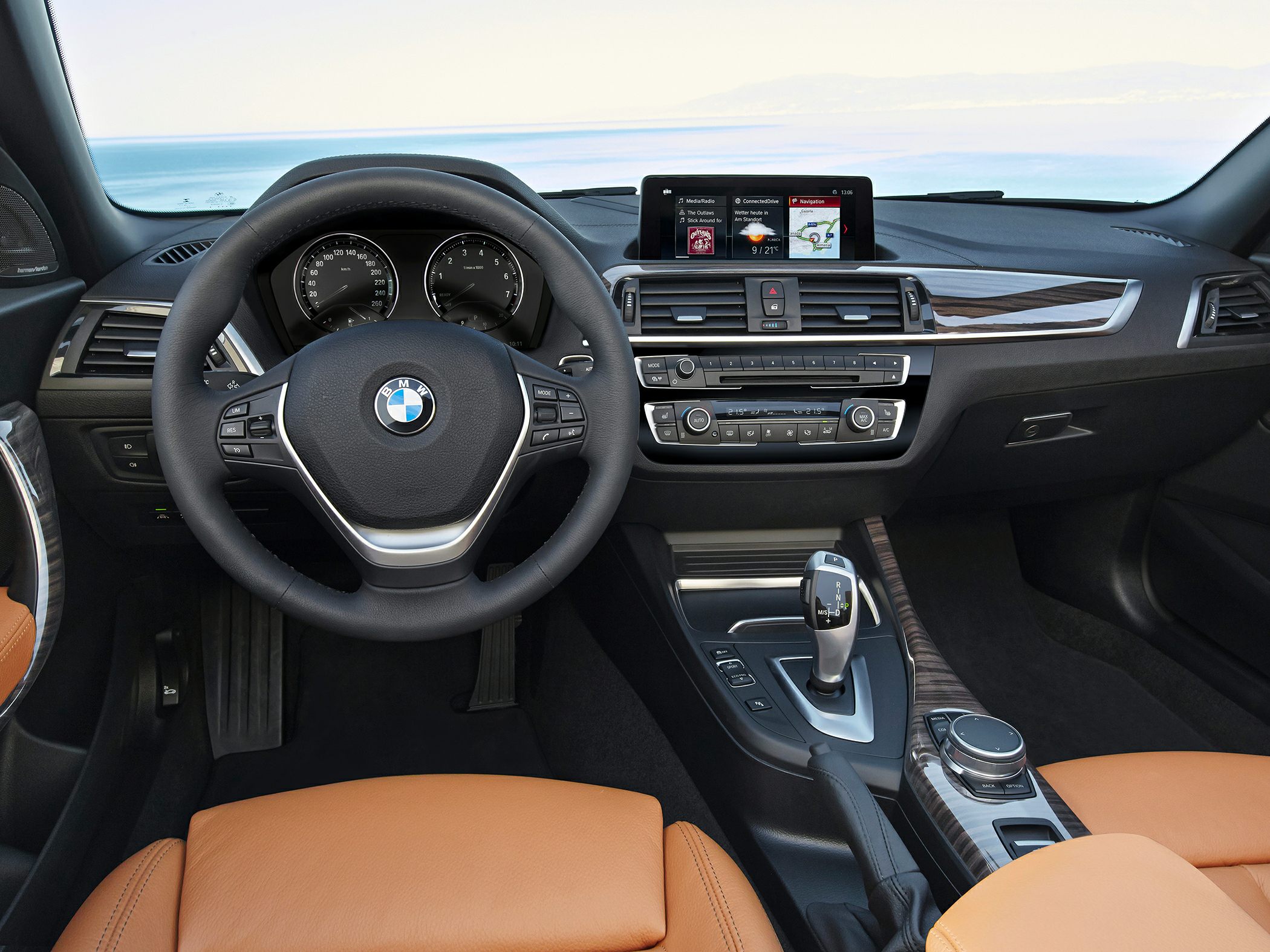 Steering wheel, dashboard, infotainment screen, automatic gear shifter