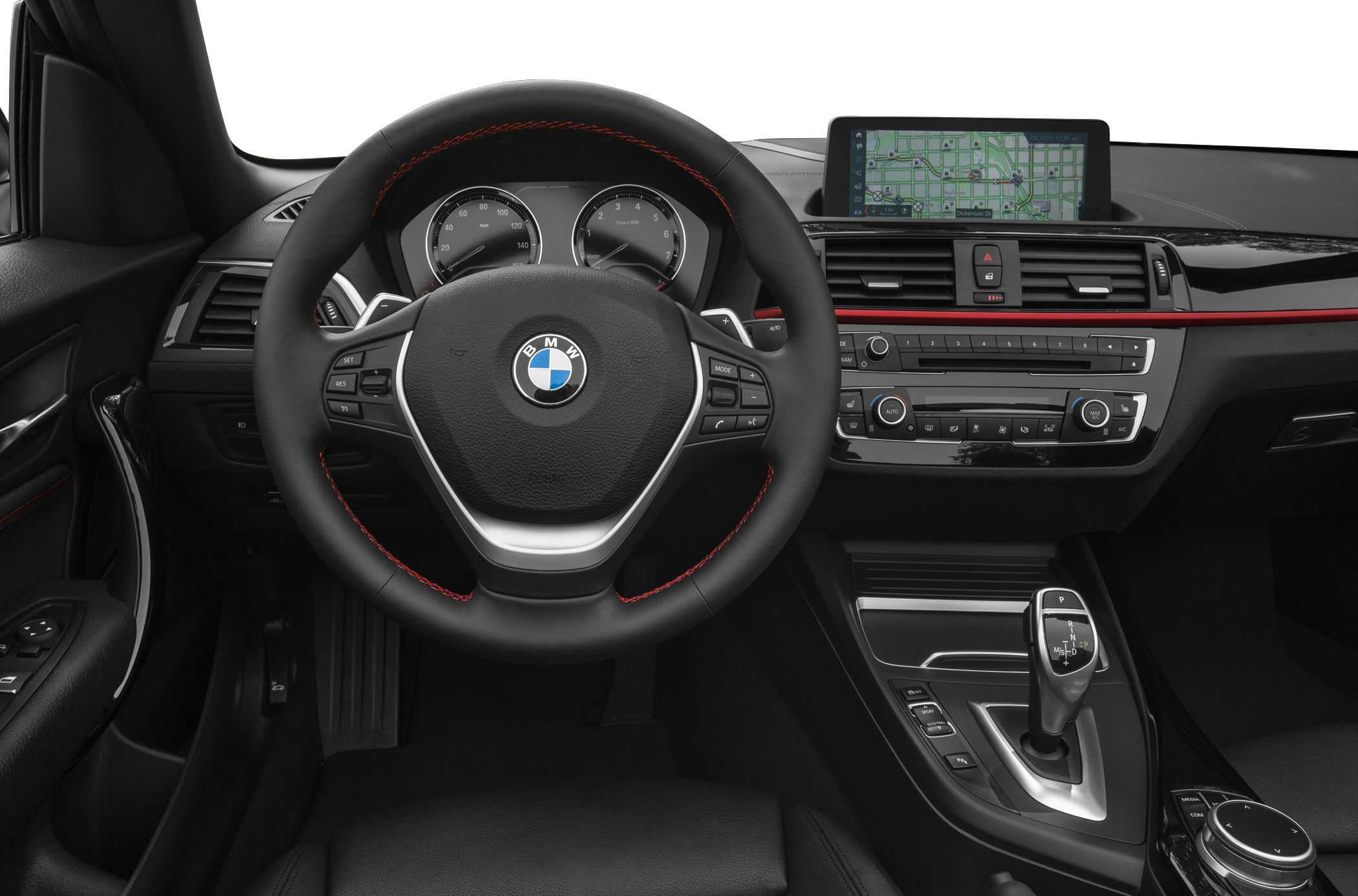 Steering wheel, dashboard, and navigation screen of a BMW interior