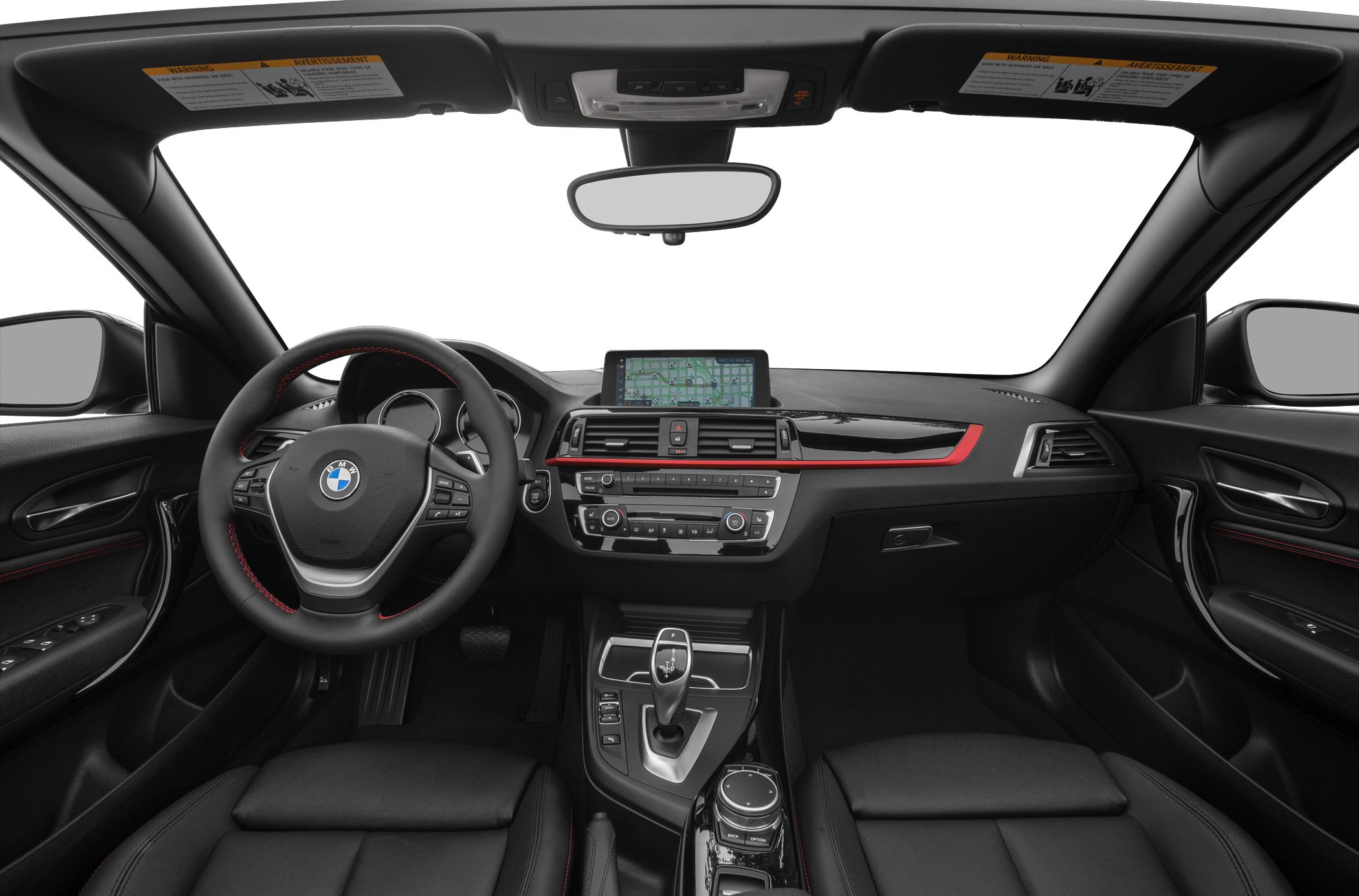 Interior dashboard and steering wheel with navigation screen and modern controls
