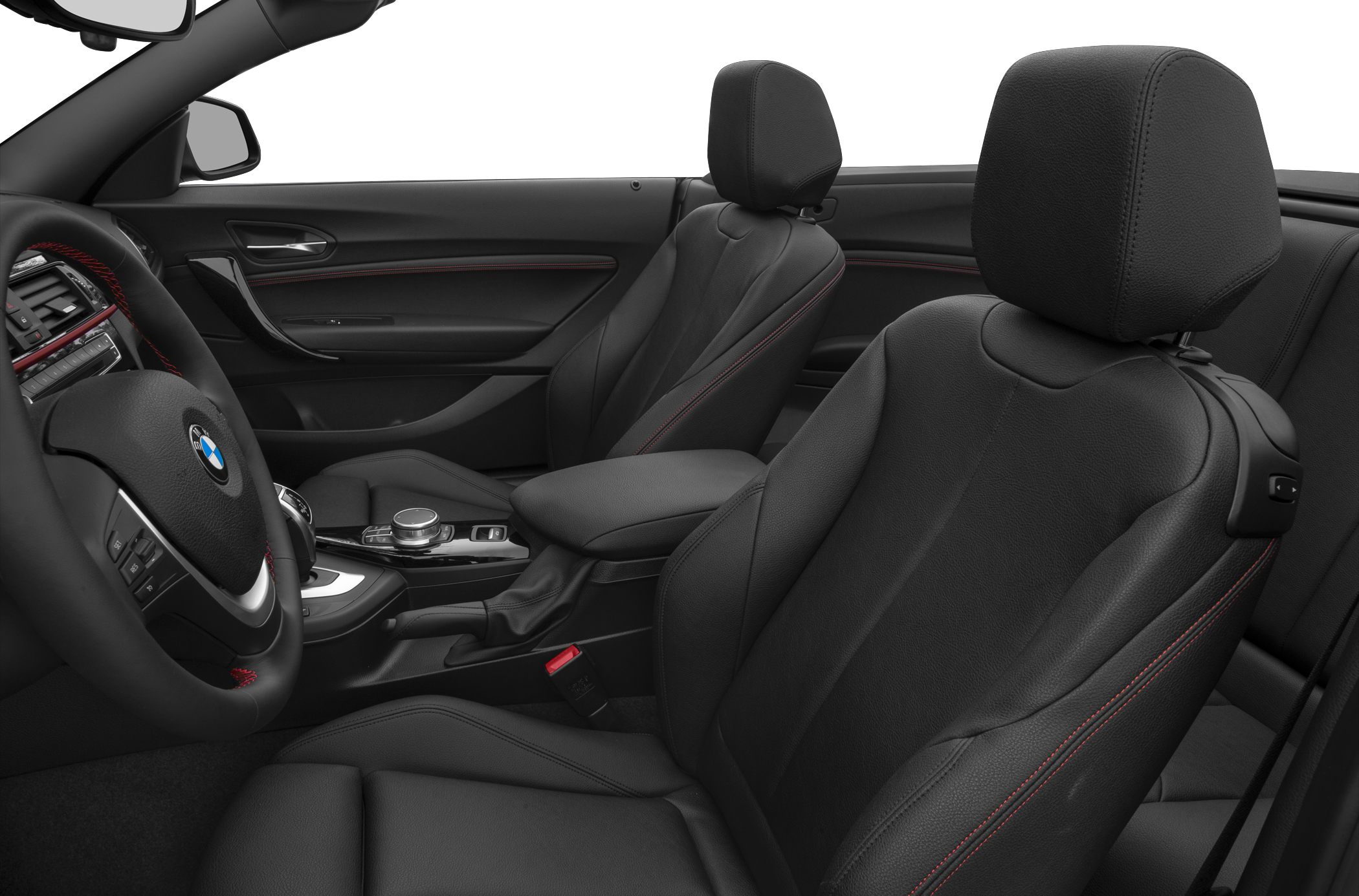 Black leather seats with red stitching in convertible interior