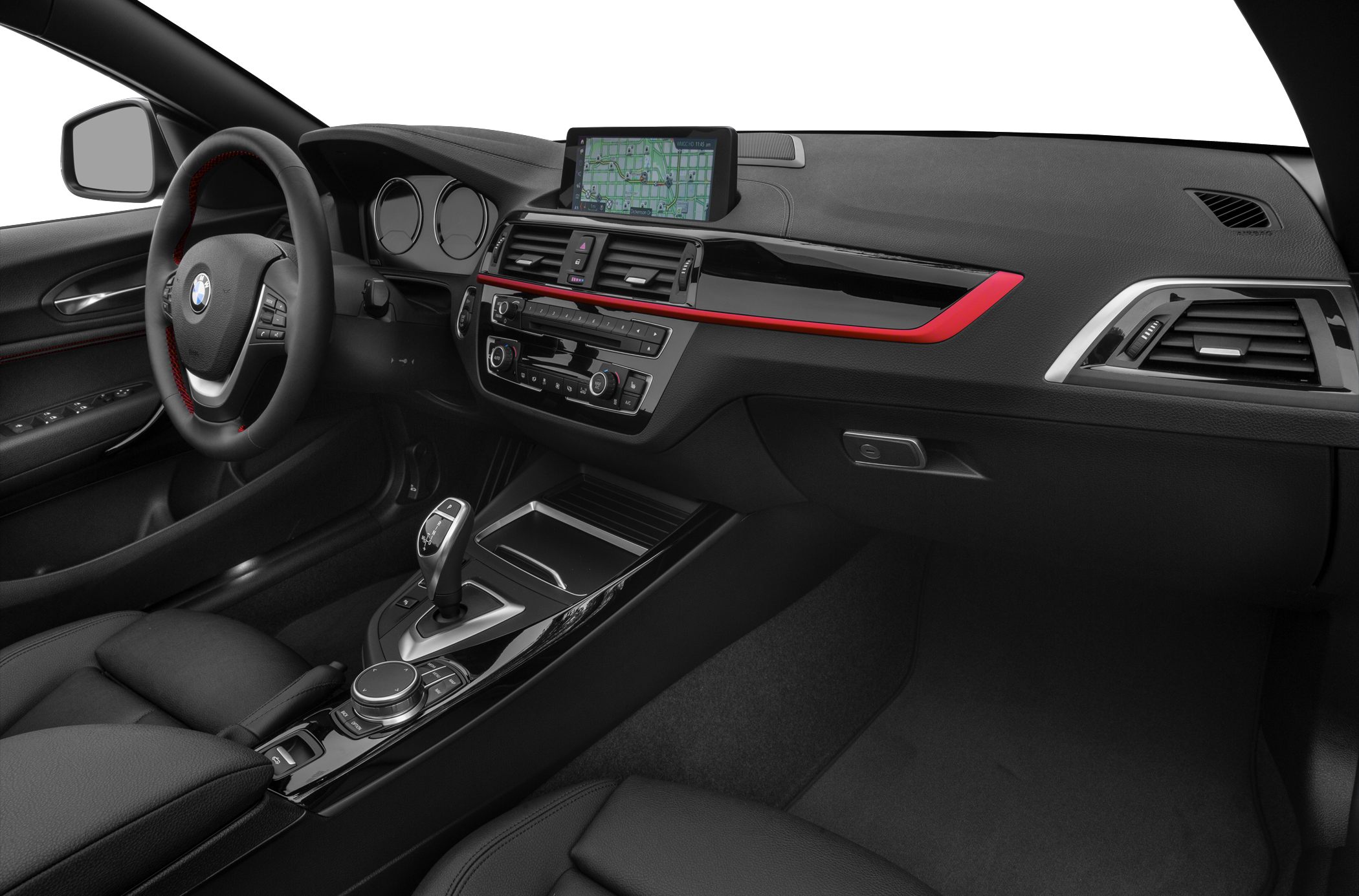 Interior with digital navigation display and red dashboard trim accents