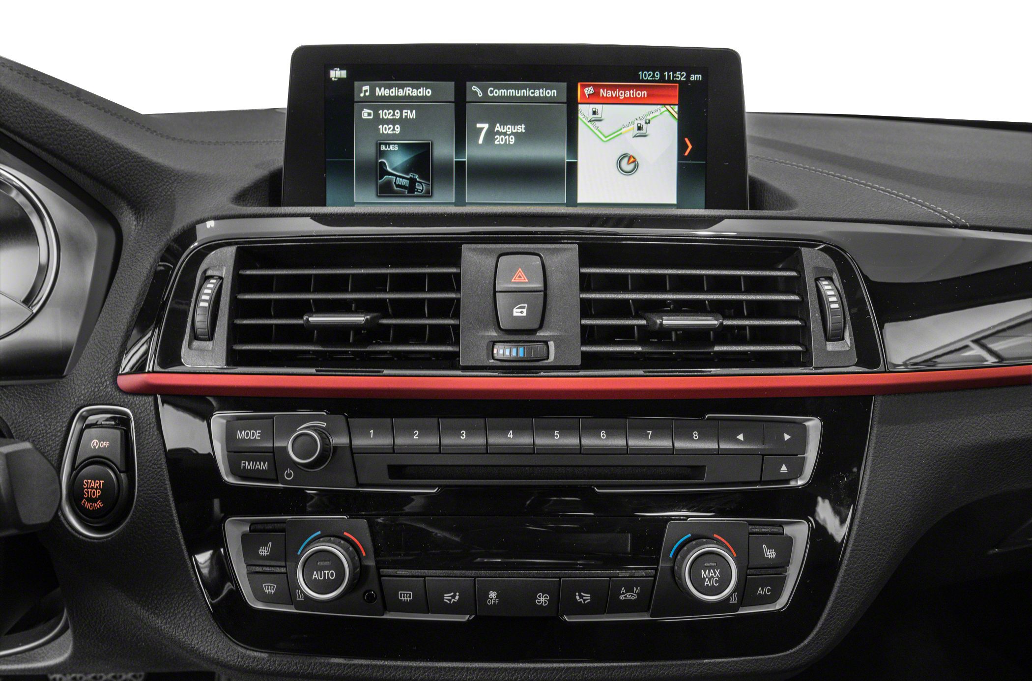 Dashboard with infotainment screen, air vents, climate and radio controls