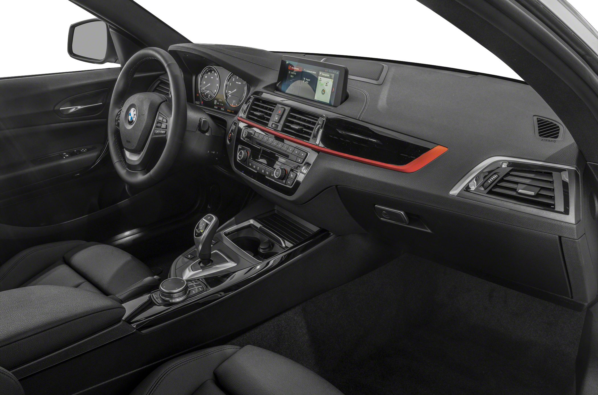 Dashboard, infotainment screen, steering wheel, gear shifter, and center console layout interior