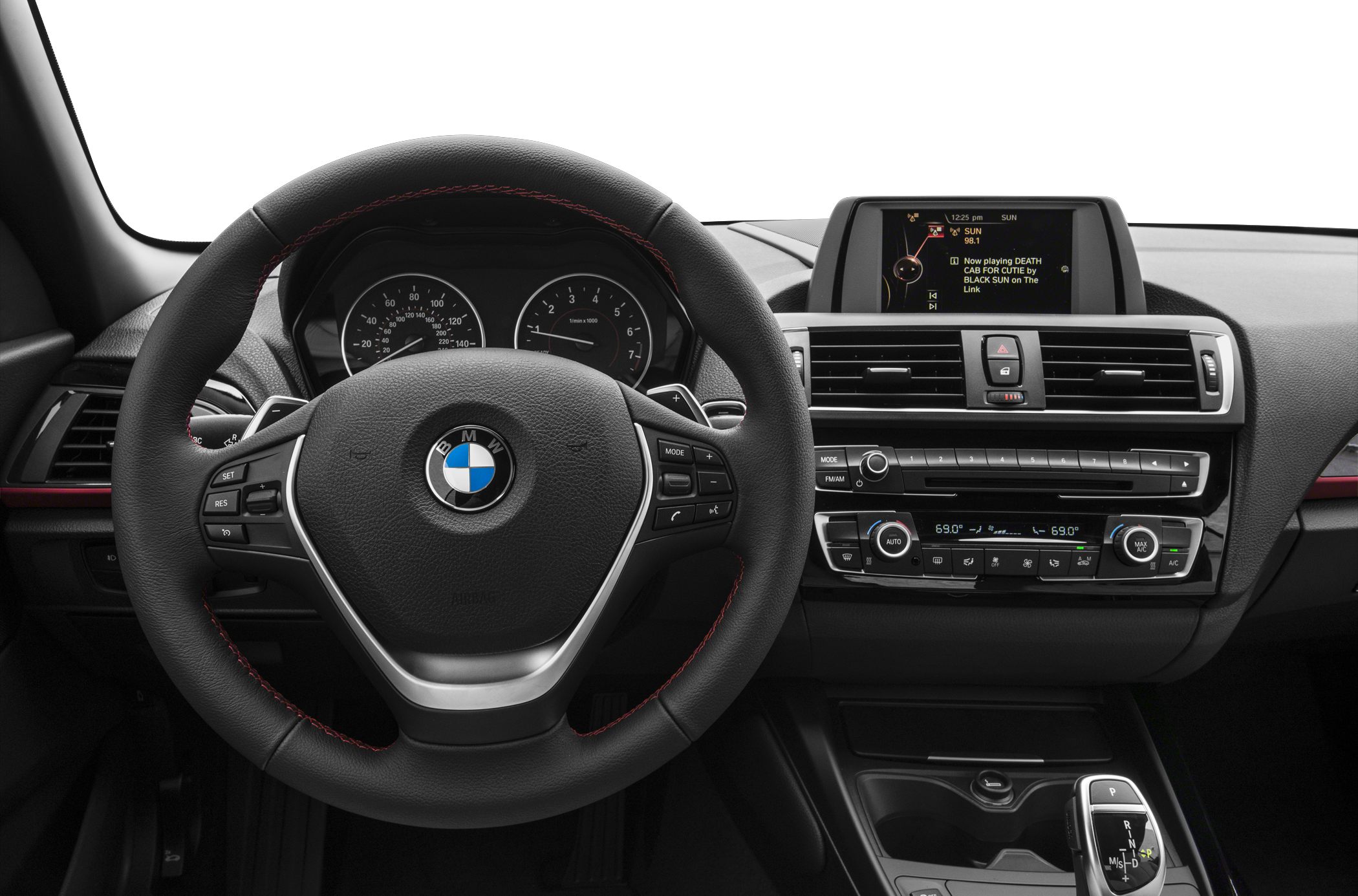 Steering wheel, instrument cluster, infotainment display, climate control panel