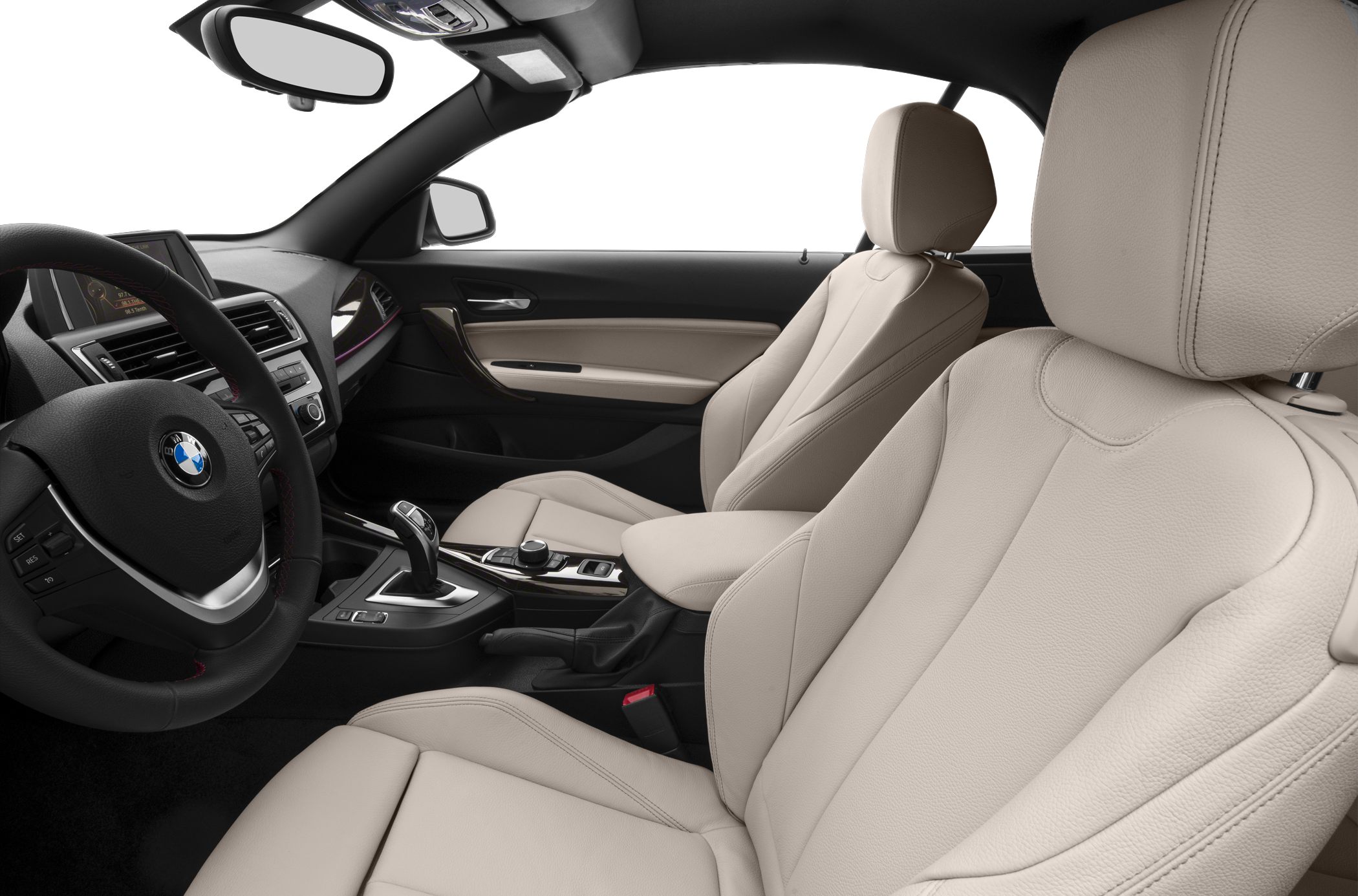 Beige leather front seats with modern dashboard and steering wheel