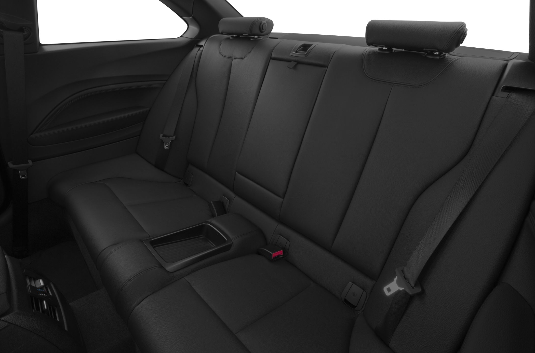 Black leather rear seat with armrest and seat belts