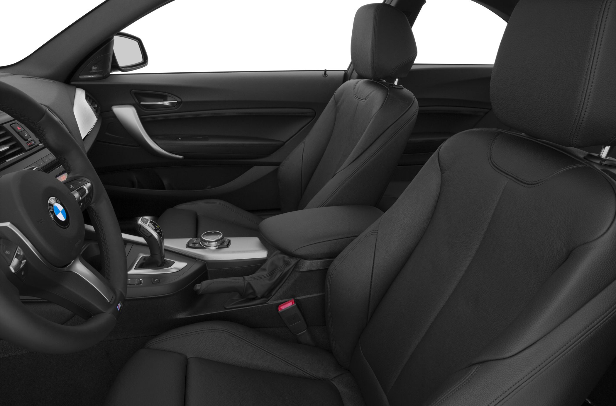 Black leather seats and modern center console with gear shifter