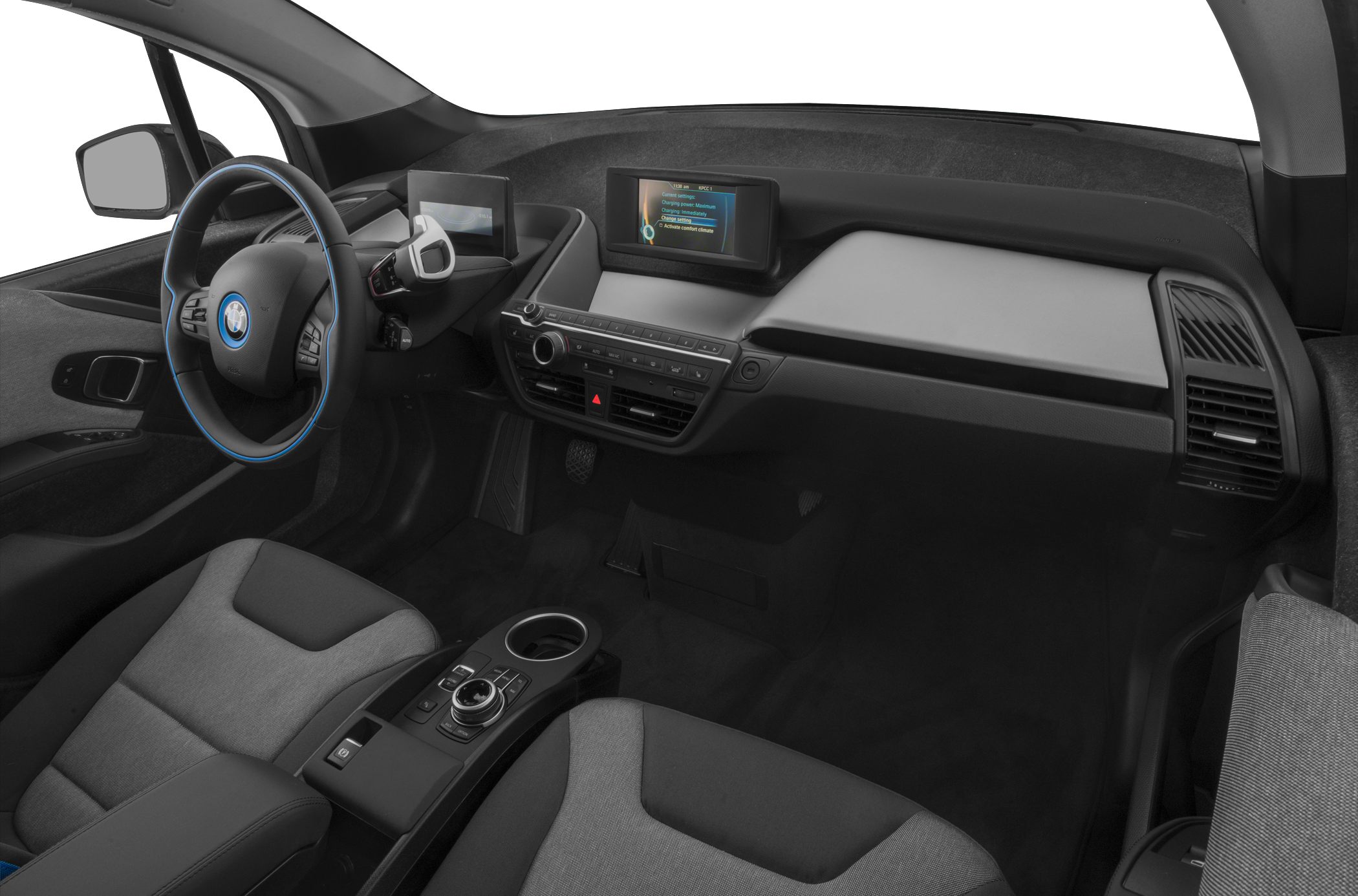 Steering wheel and dashboard with infotainment screens and control panel
