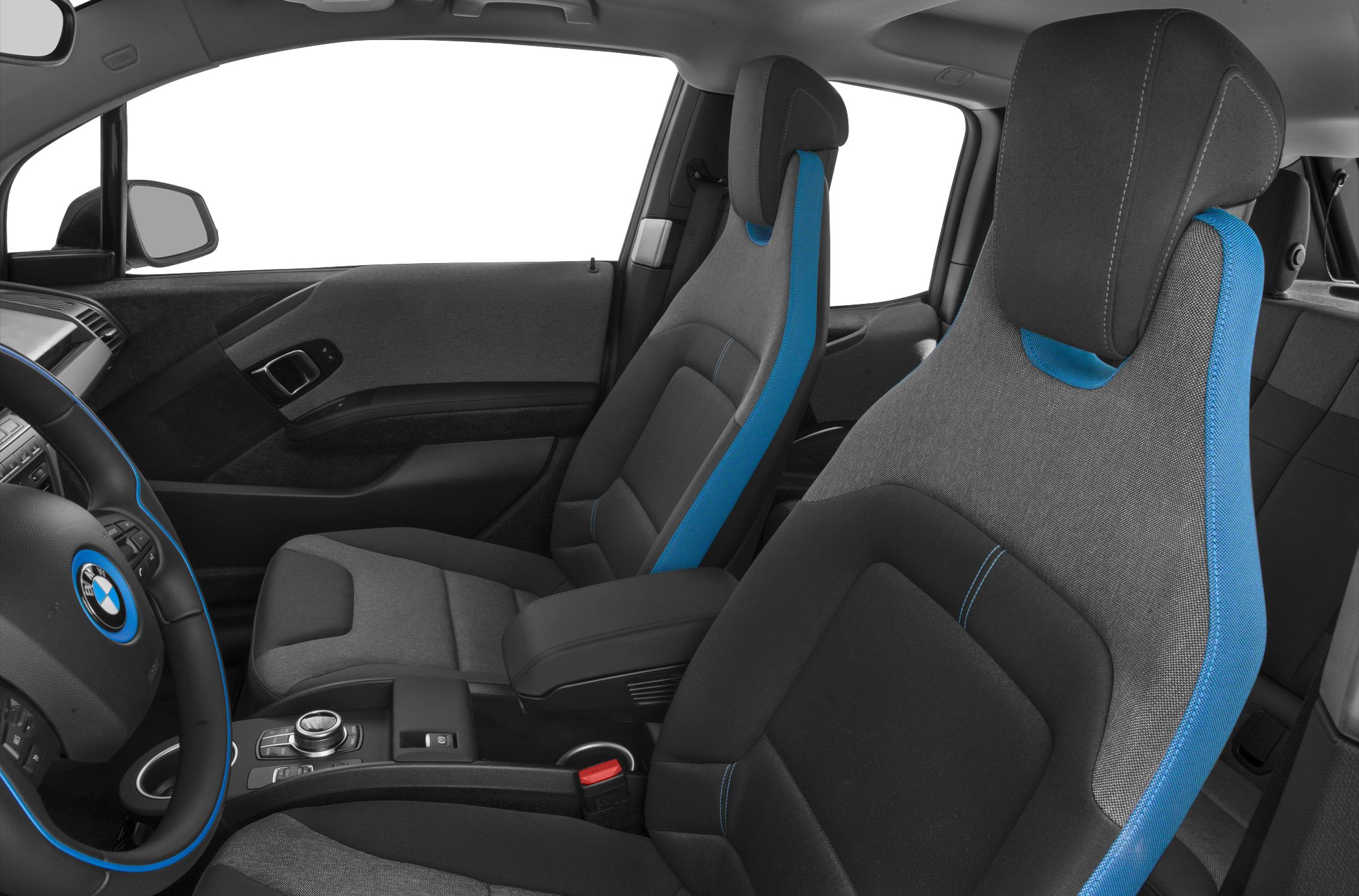 Front seats with blue trim and steering wheel with blue accents