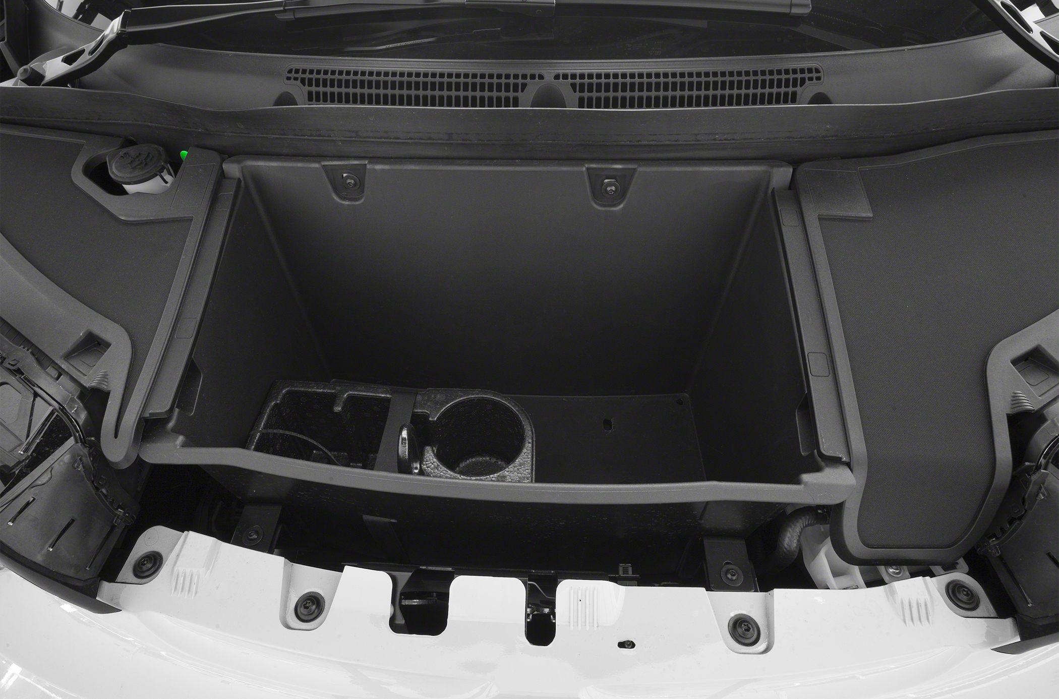 Front trunk storage compartment with cup holder insert and interior panels