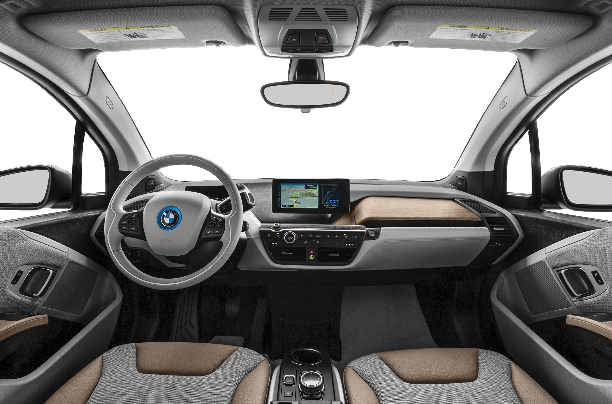 Modern car interior with dashboard, steering wheel, and infotainment screen