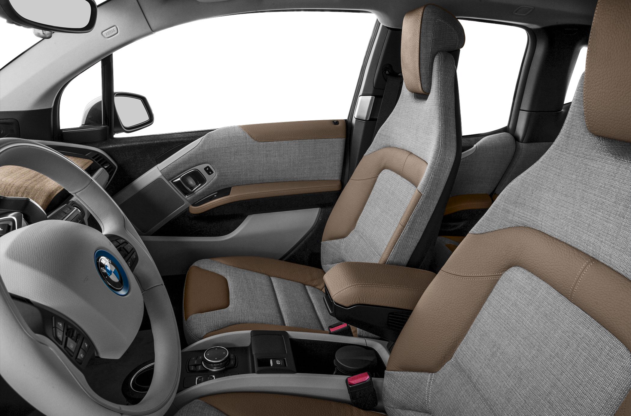 Two-tone fabric and leather car seats with door panel upholstery