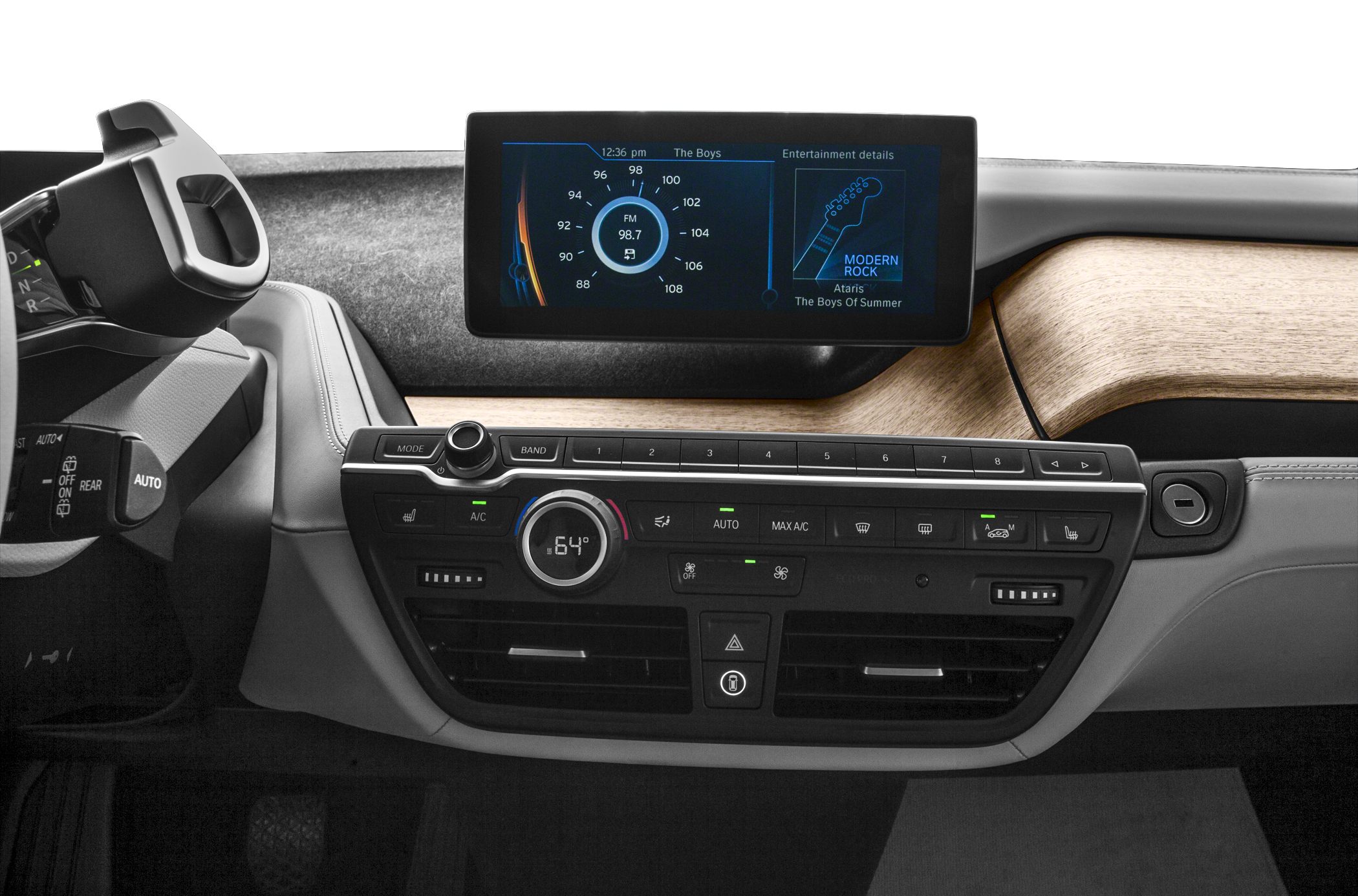 Digital infotainment screen and climate control system with wooden dashboard trim