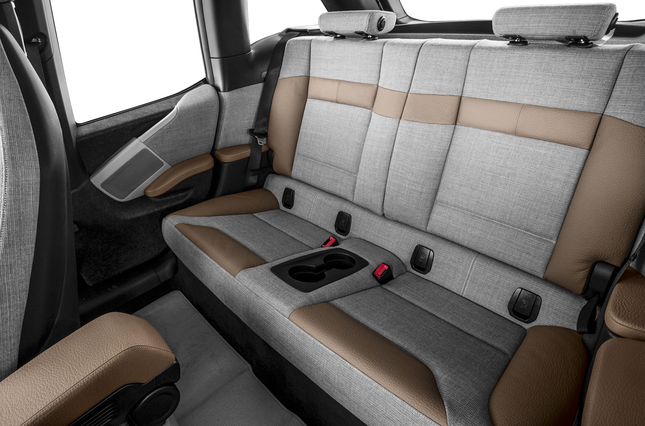 Fabric and leather mix rear seats with cup holders and integrated seat belts