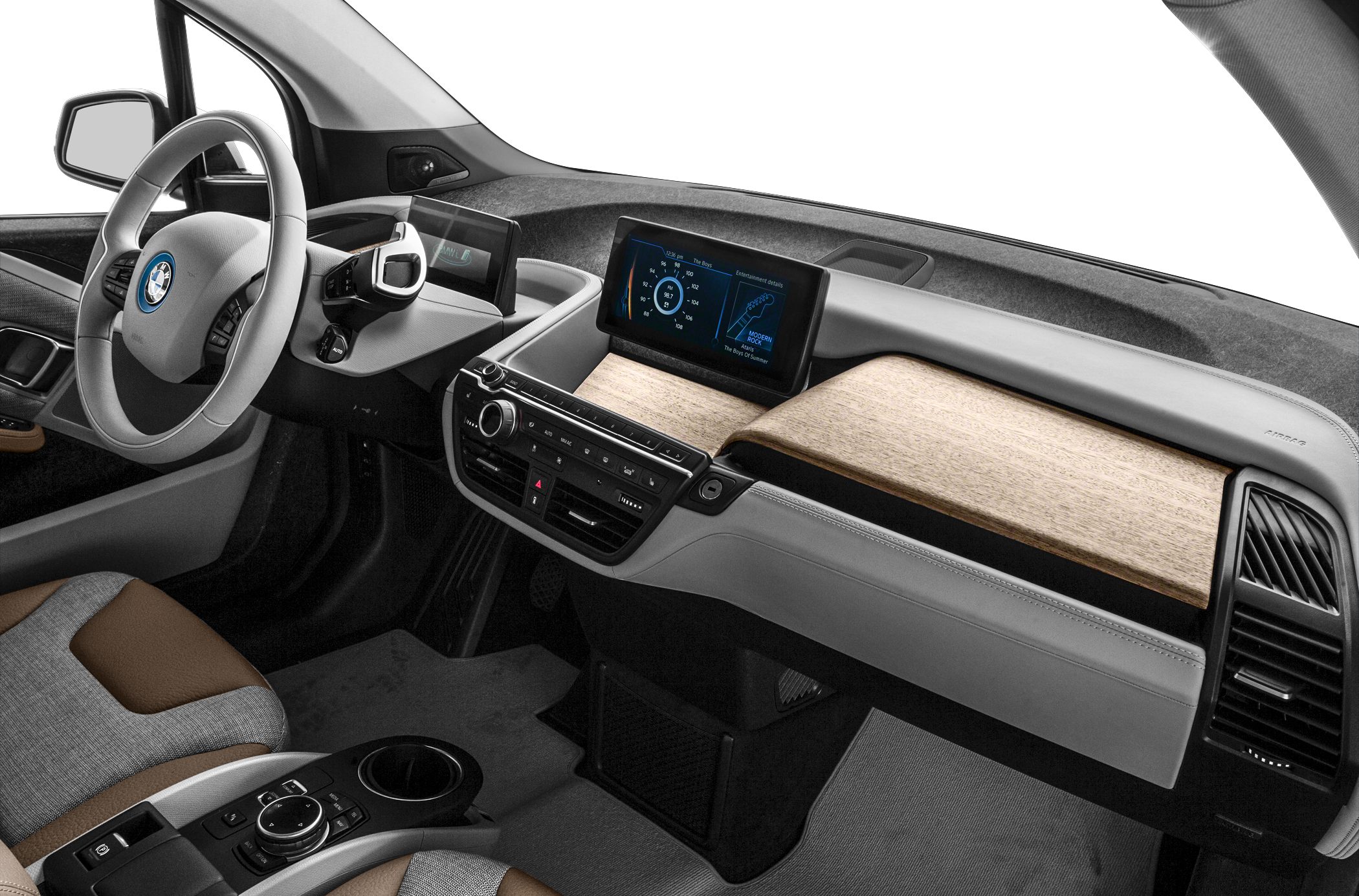 Minimalist dashboard with dual digital displays and wood trim